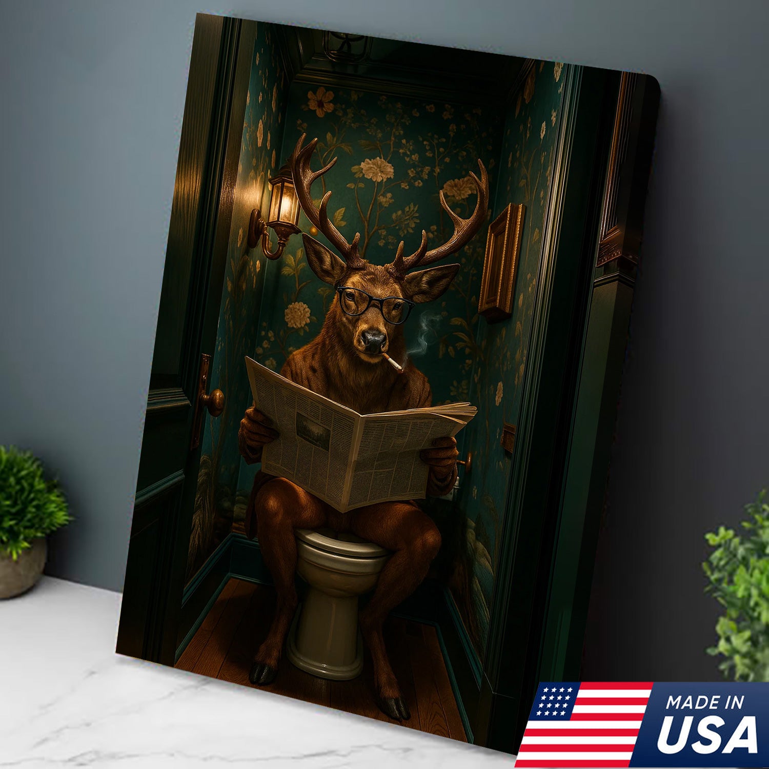 Funny Whitetail Buck Bathroom Canvas – Deer with Glasses Reading Newspaper on Toilet – Quirky Powder Room Wall Art
