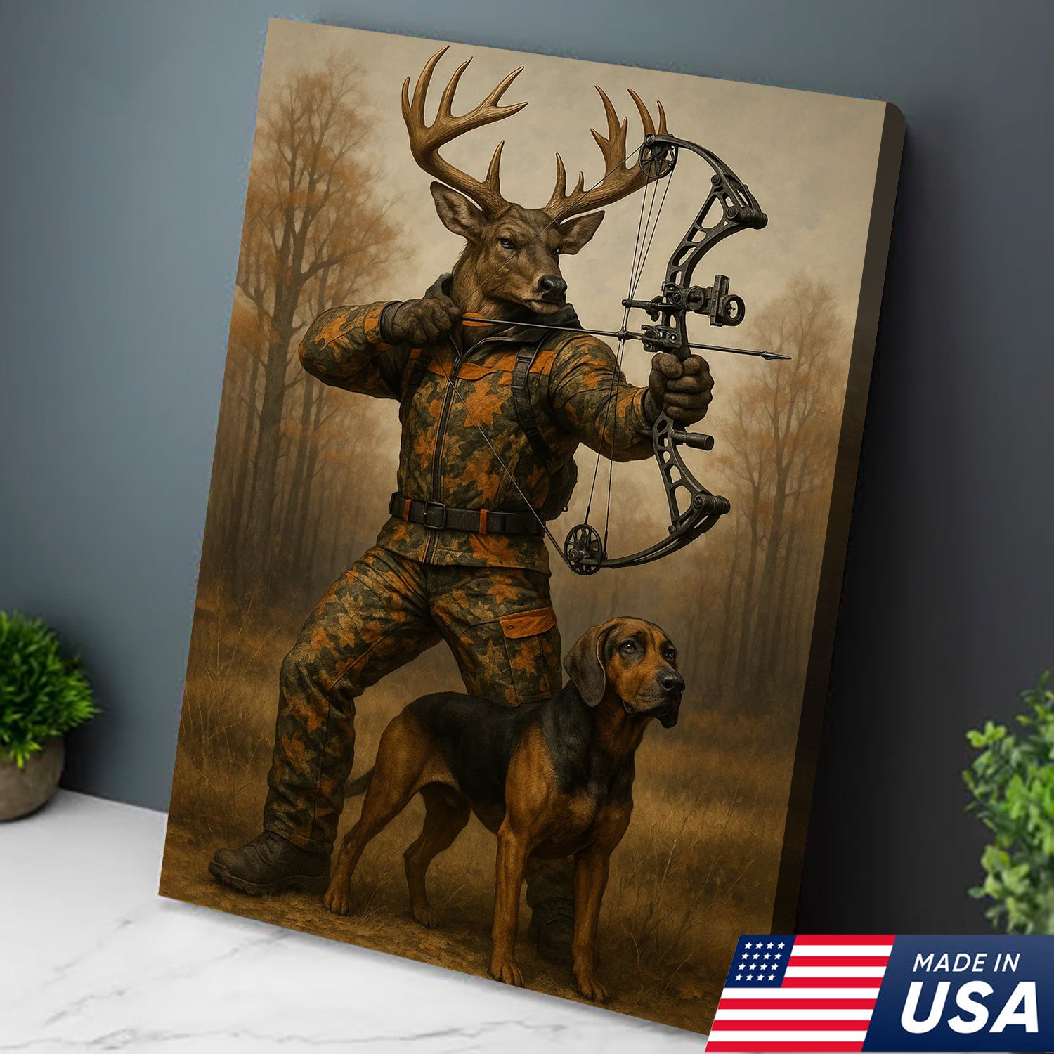 Whitetail Buck Bowhunter Canvas Wall Art – Deer Archer in Camo with Hound Dog – Archery Hunting Decor