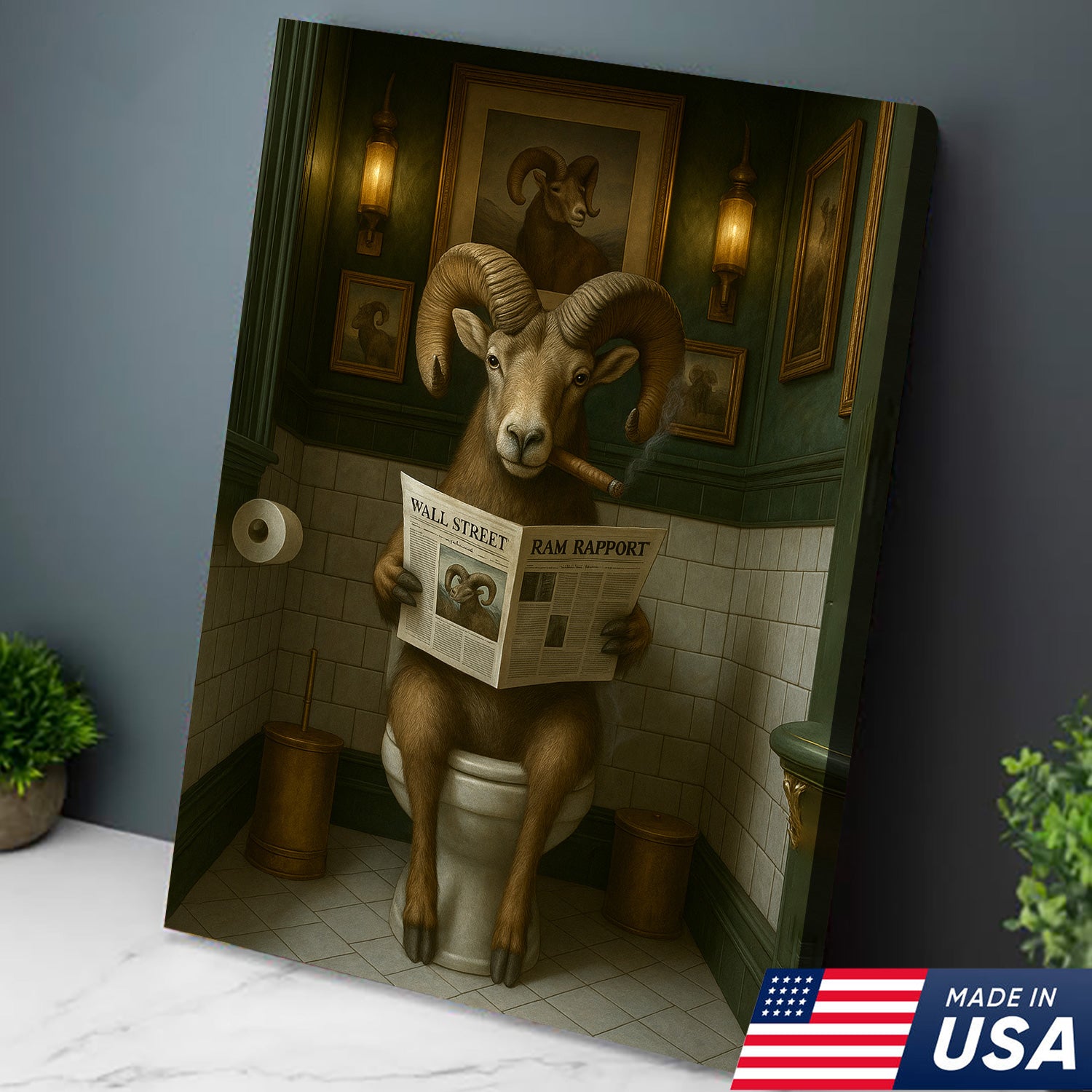 Mountain Goat Toilet Humor Canvas – Funny Hunting Bathroom Wall Art for Hunters, Cabin, Lodge & Country Home