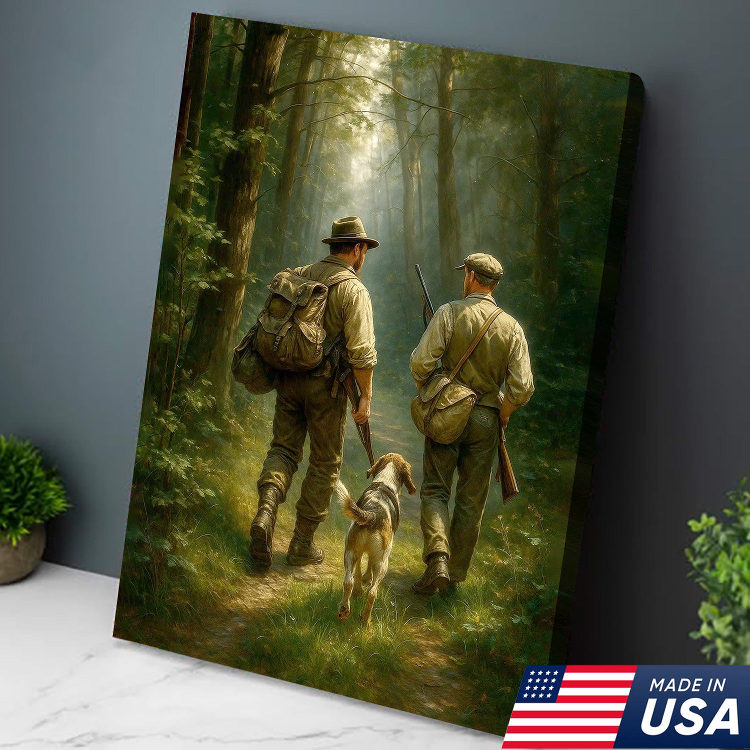 Hunting Canvas Wall Art – Hunters Walking with Dog in Forest – Rustic Cabin Decor for Lodge and Outdoor Enthusiasts