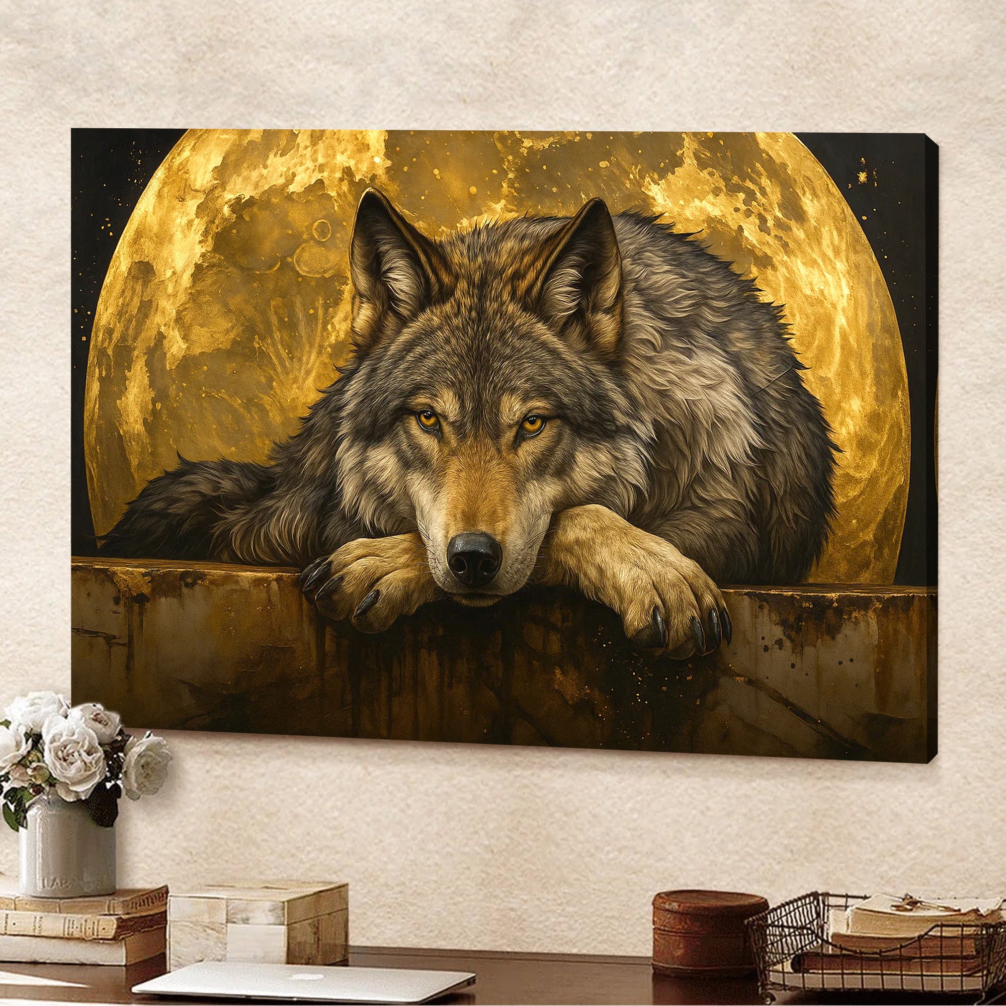 Wolf Canvas Wall Art – Majestic Wolf with Full Moon – Rustic Wildlife Decor for Cabin, Lodge, and Nature Lovers