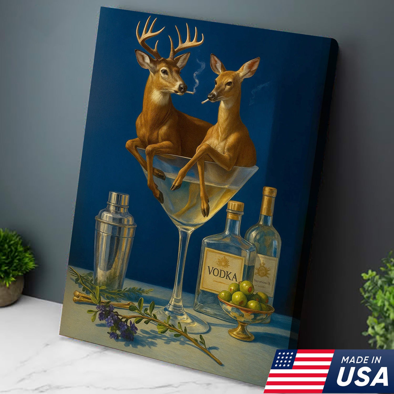 Funny Deer Couple Wall Art Canvas – Whimsical Buck and Doe in Martini Glass – Rustic Lodge Hunting Decor for Home Bar
