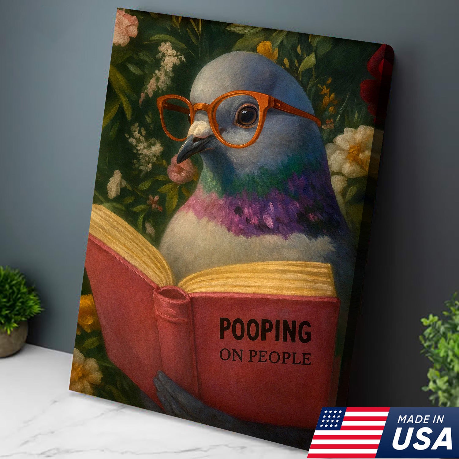 Funny Pigeon Canvas Wall Art - Reading Bird with Glasses Design - Quirky Animal Artwork for Home Decor