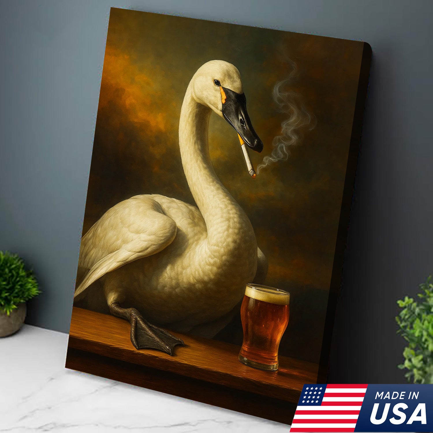 Rustic Tundra Swan Canvas Wall Art – Elegant Wildlife Bar Scene with Beer – Hunting Cabin Lodge Decor