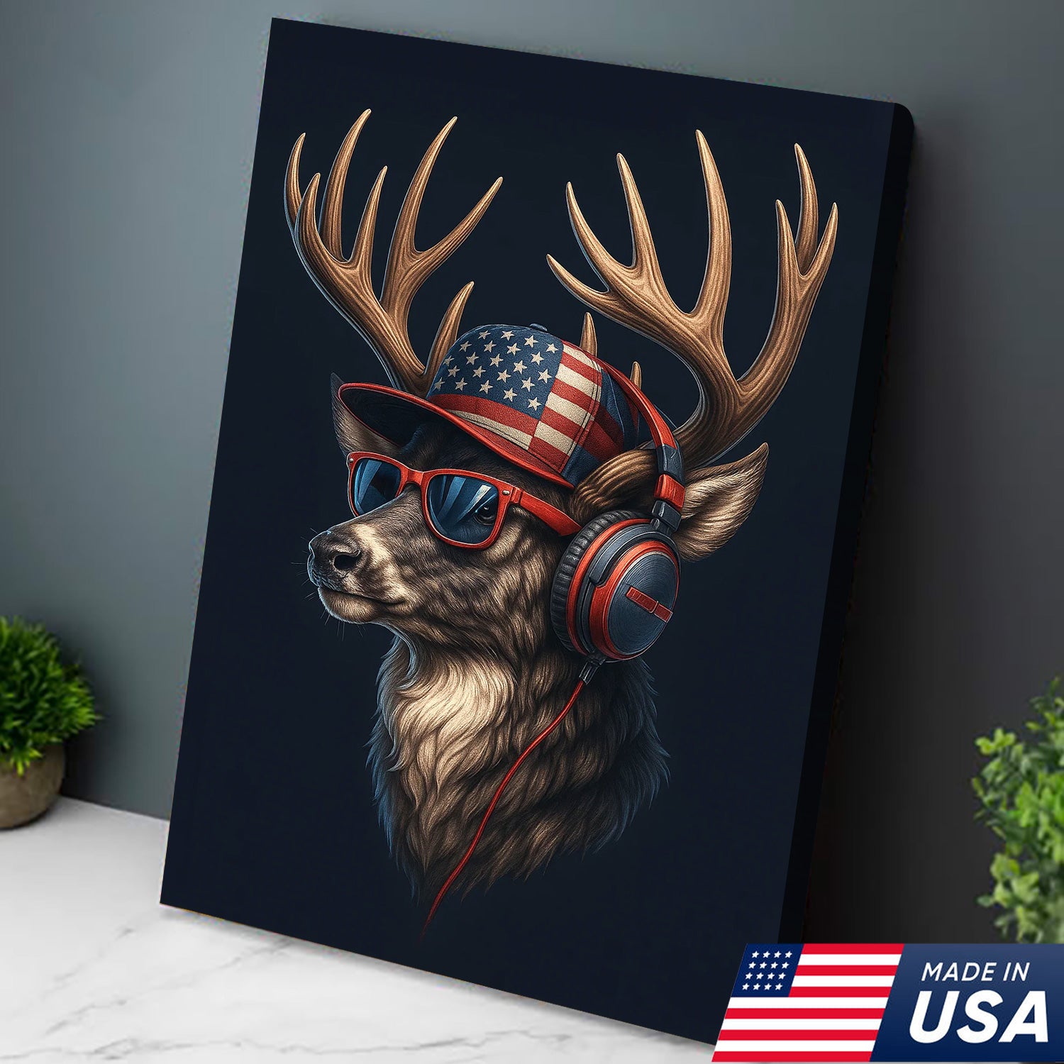 Patriotic Deer Wall Art Canvas – Cool Buck with American Flag Hat and Headphones – Rustic Hunting Lodge Decor USA