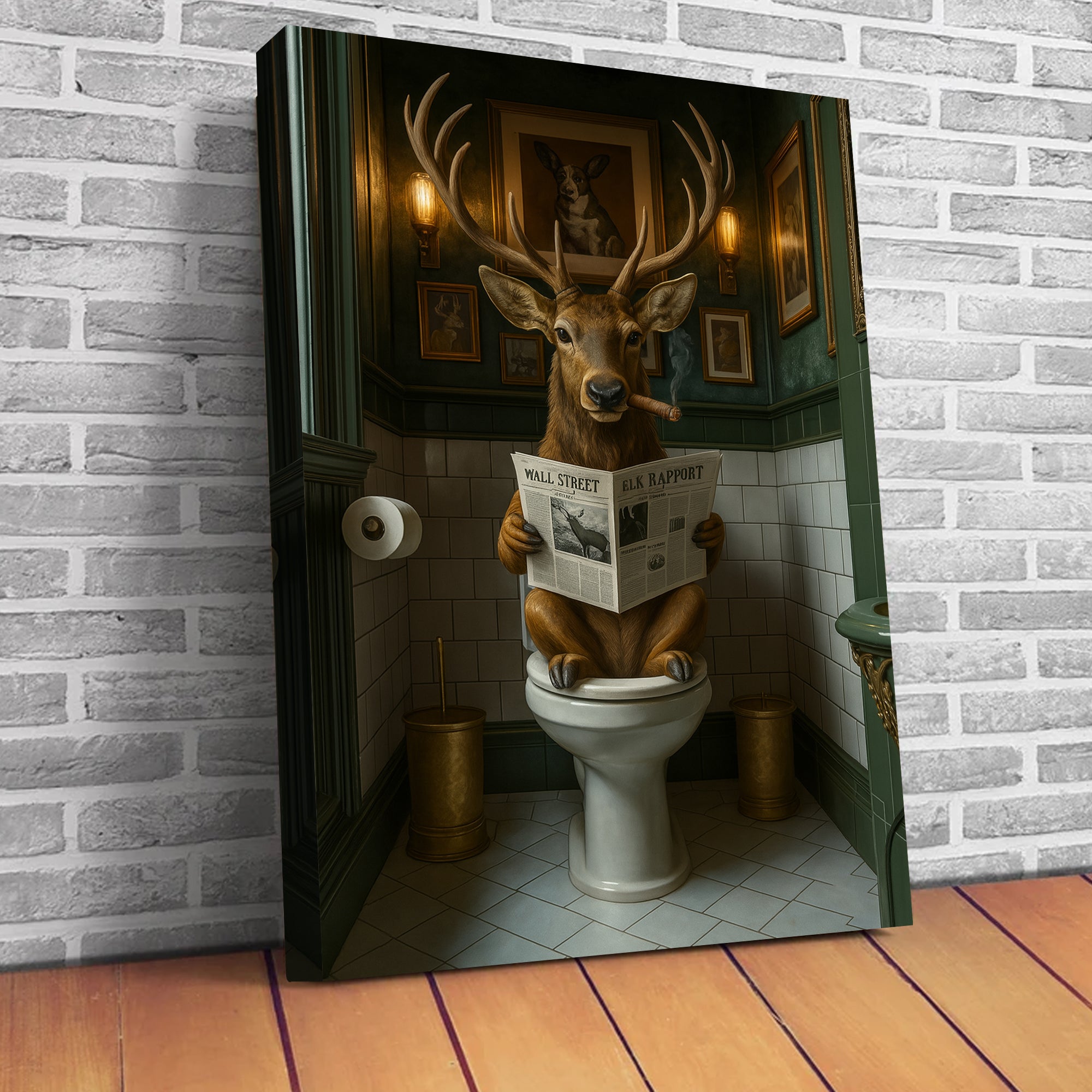 Funny Deer on Toilet Canvas Art – Stylish Animal Wall Art with Smoking and Wall Street Newspaper – Unique Bathroom Decor