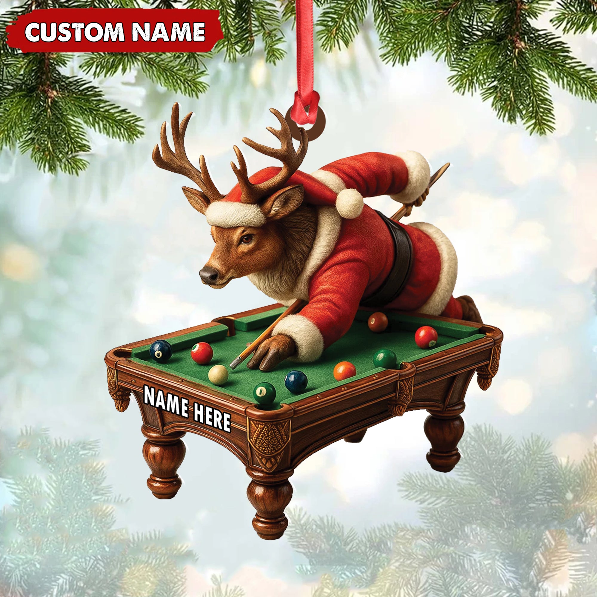 Personalized Acrylic Deer Christmas Ornament – Funny Buck Playing Pool in Santa Outfit Holiday Decor
