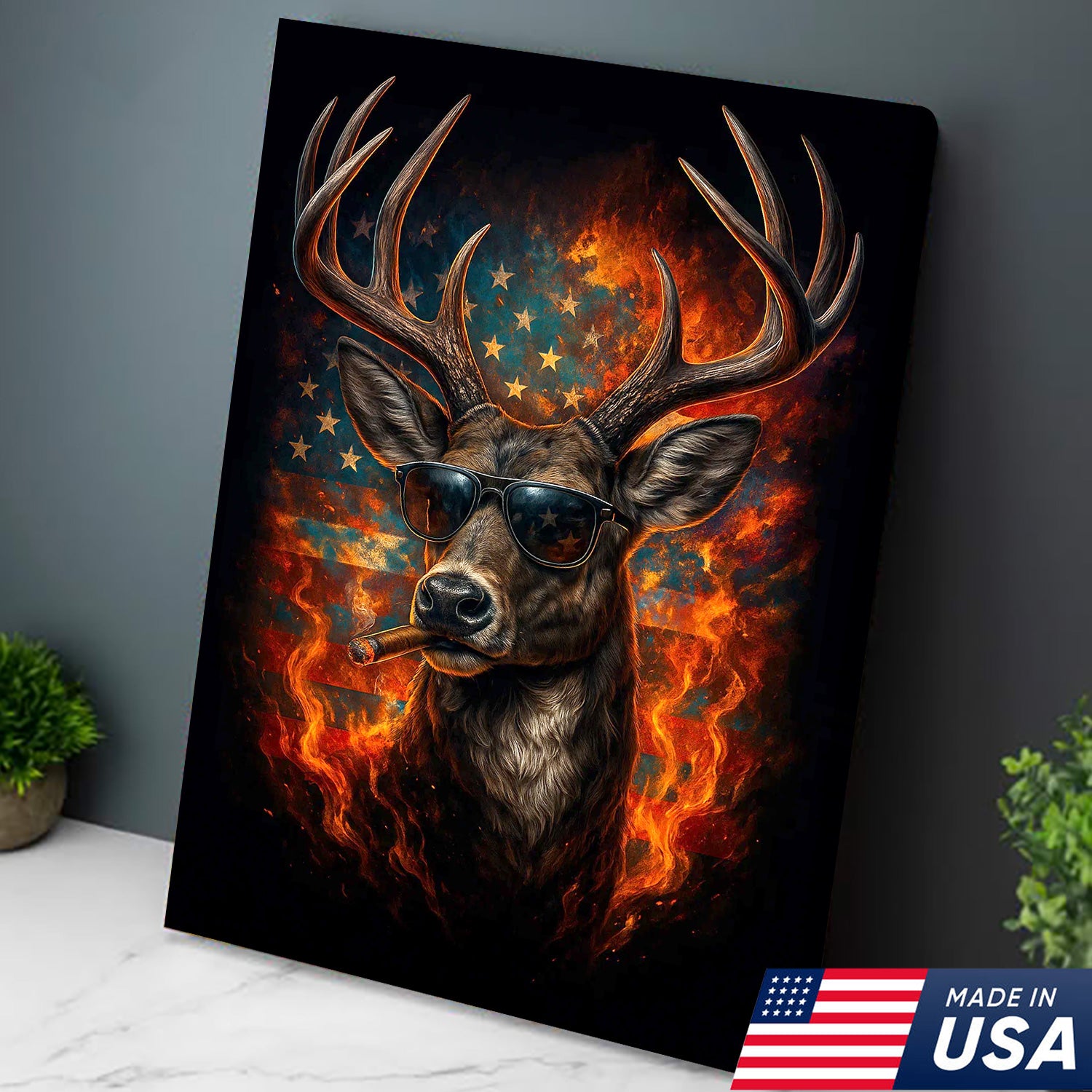 Patriotic Deer Wall Art Canvas – Cool Buck with Sunglasses and American Flag – Rustic Hunting Lodge Decor USA