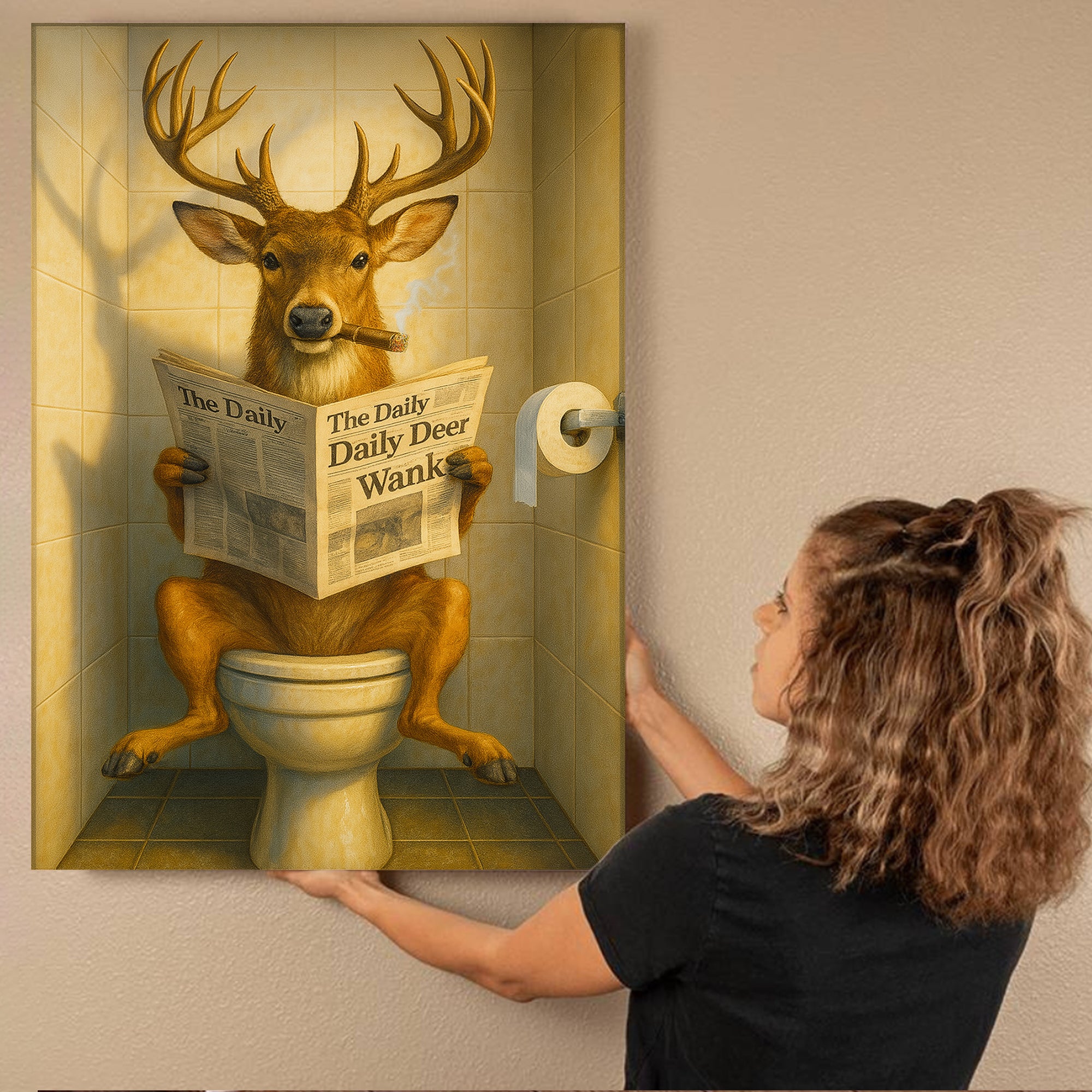 Funny Deer on Toilet Canvas – Quirky Animal Art Print with Smoking and Newspaper for Unique Wall Decor