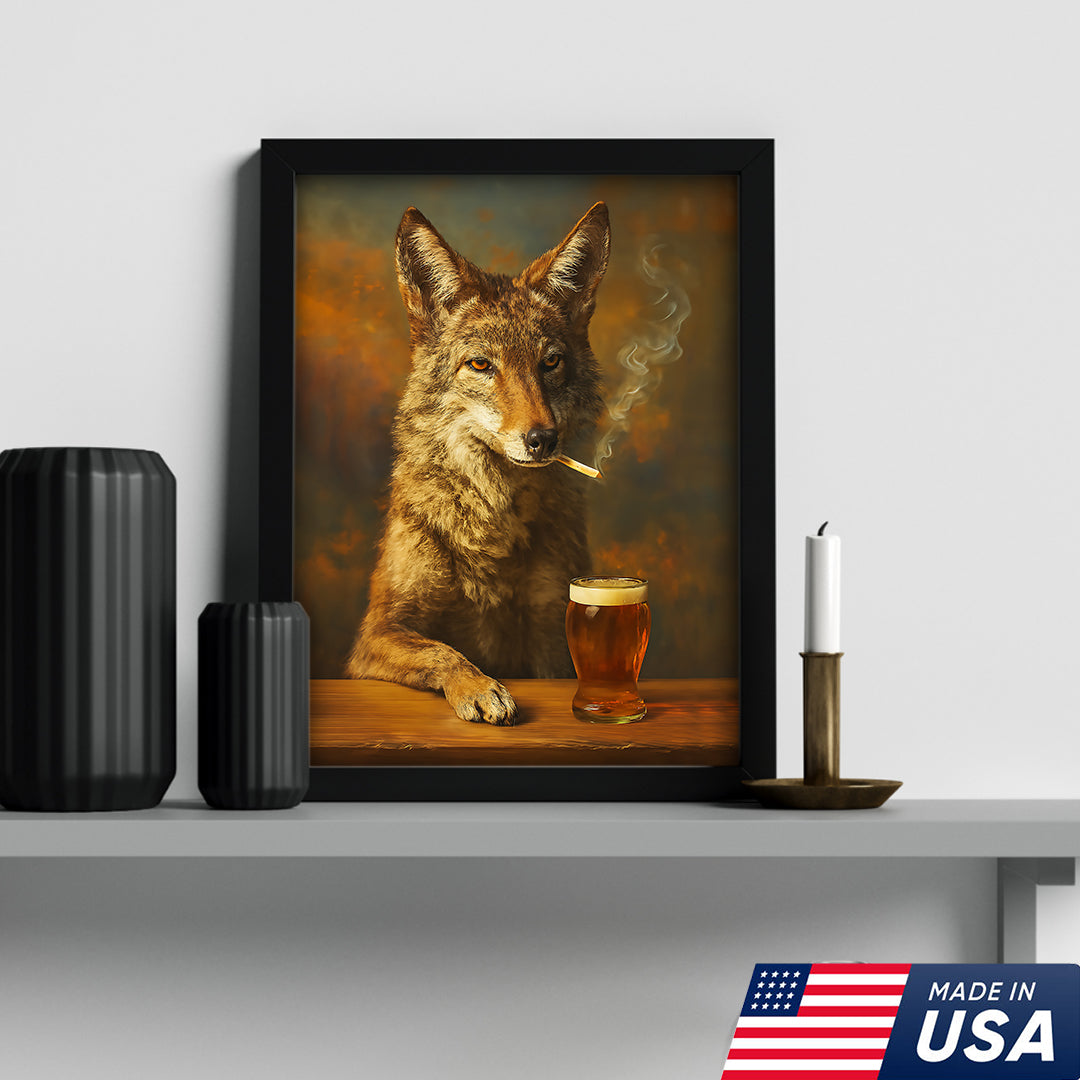 Smoking Wolf Coyote with Cocktail Glasses Canvas β Funny Hunting Wall Art for Man Caves - Hilarious Gift for Outdoorsmen