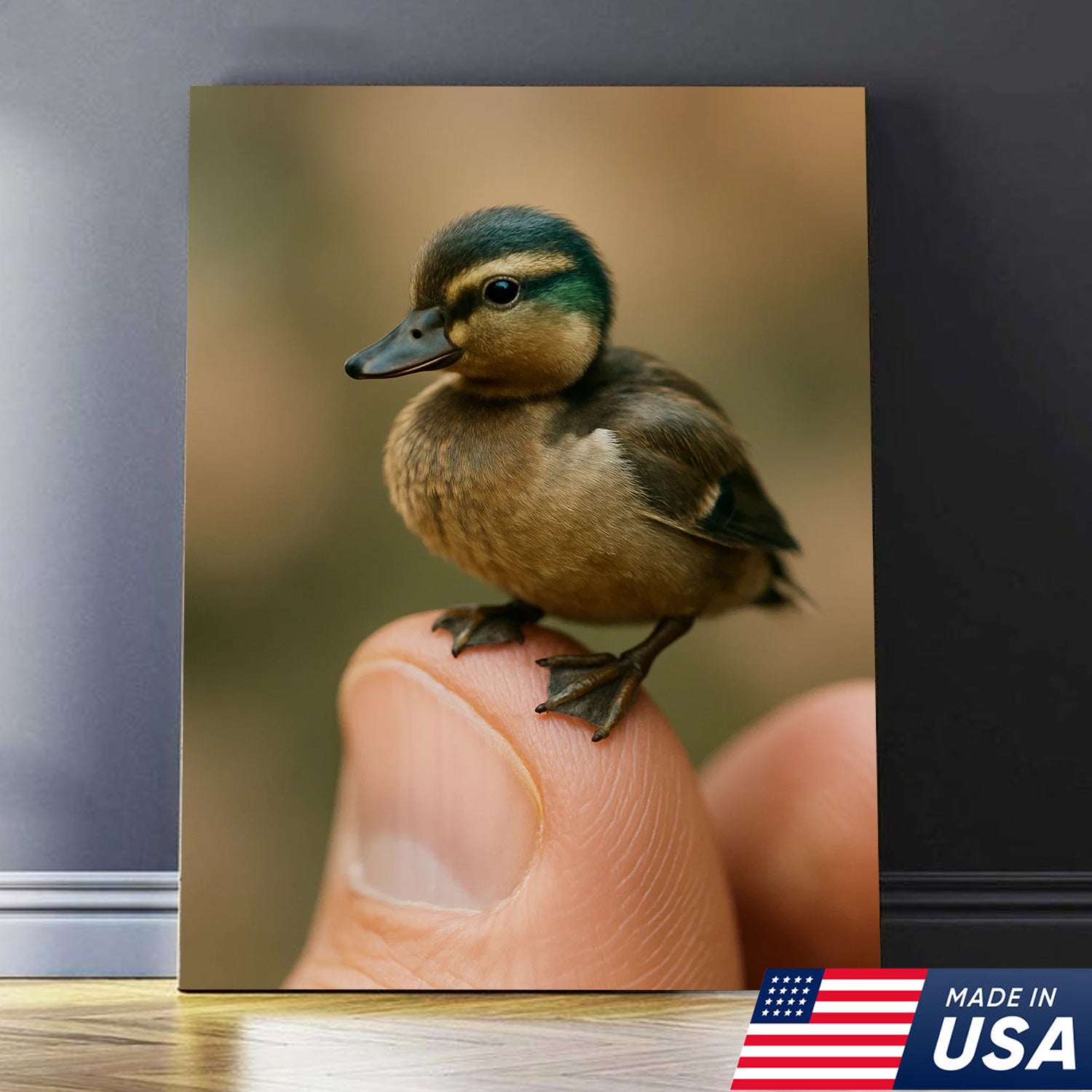 Cute Baby Duck Canvas Wall Art - Adorable Duckling Perched on Finger - Nature Wildlife Artwork for Home Decor