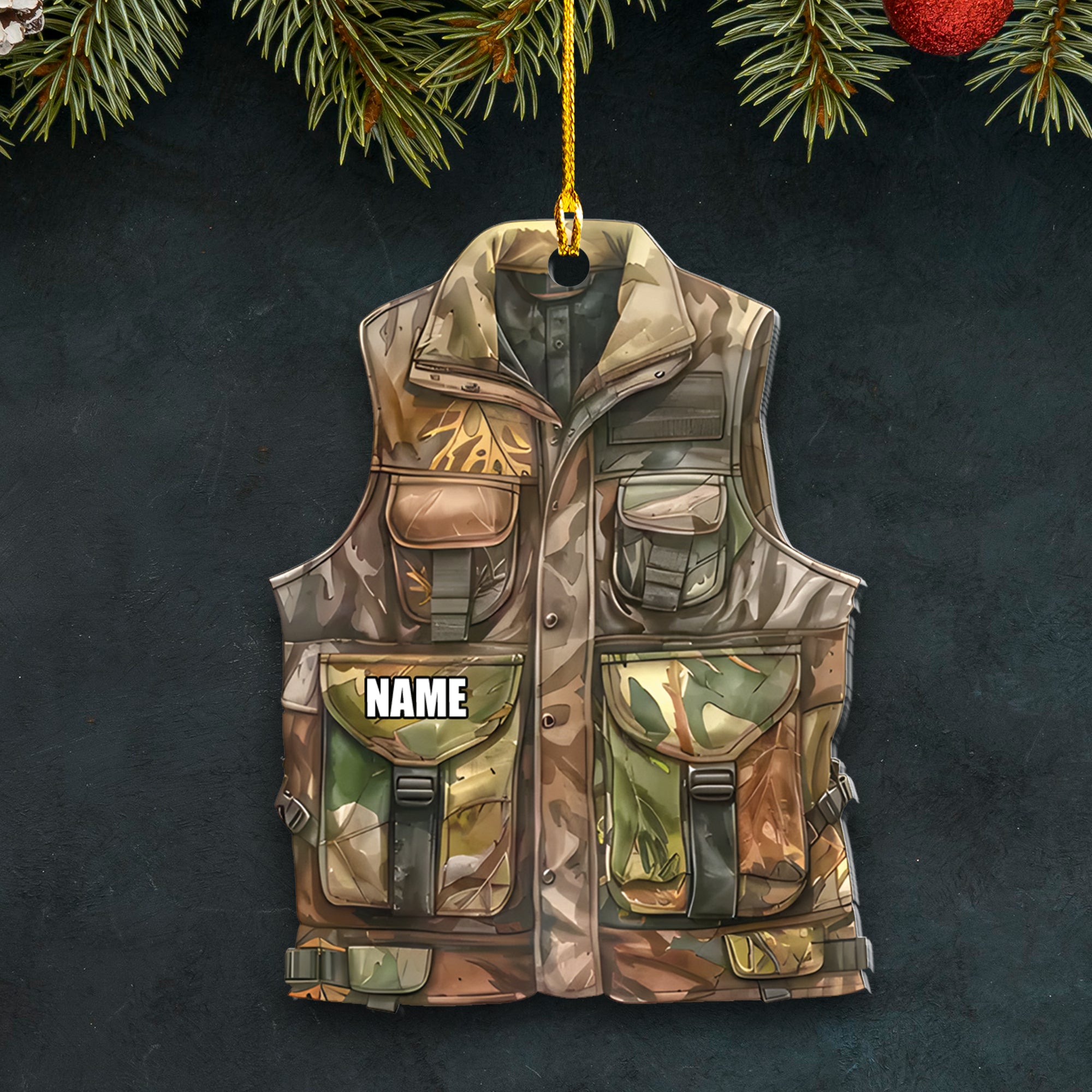 Personalized Camo Hunting Vest Ornament – Custom Name Christmas Tree Decoration Gift for Hunters