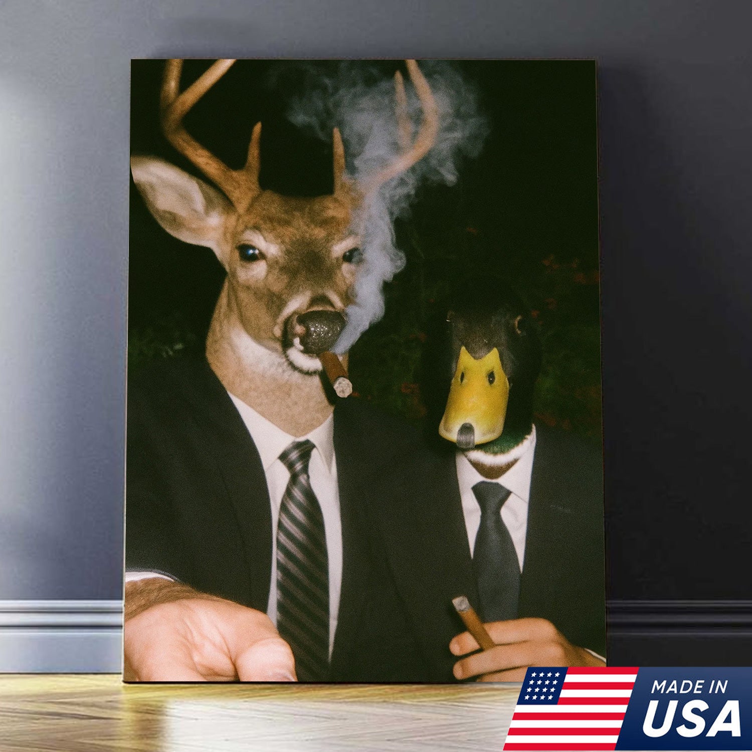 Funny Deer and Duck Canvas Wall Art - Hilarious Animal Duo in Suits - Unique Wildlife Artwork for Home Decor