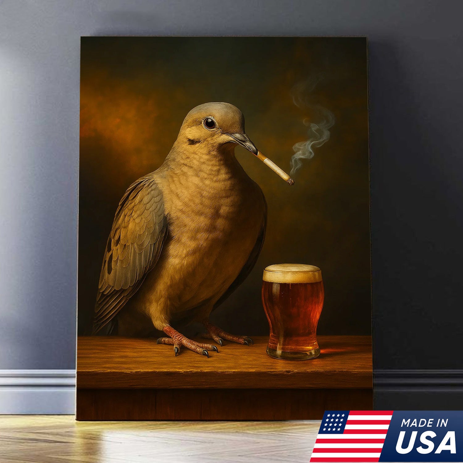 Rustic Mourning Dove Canvas Wall Art – Unique Wildlife Bar Scene with Beer – Hunting Cabin Lodge Decor