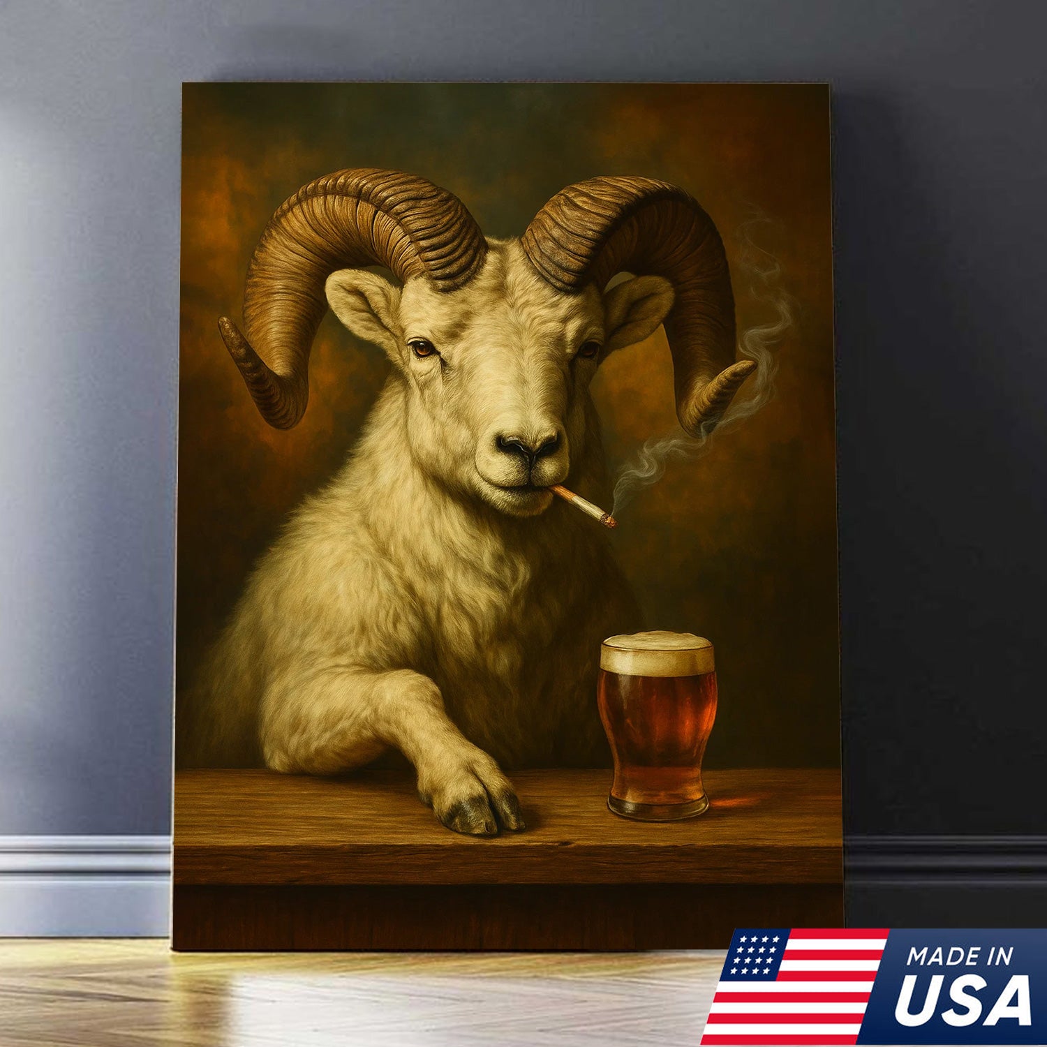 Rustic Dall Sheep Canvas Wall Art – Majestic Mountain Sheep with Beer Glass – Hunting Cabin Lodge Decor