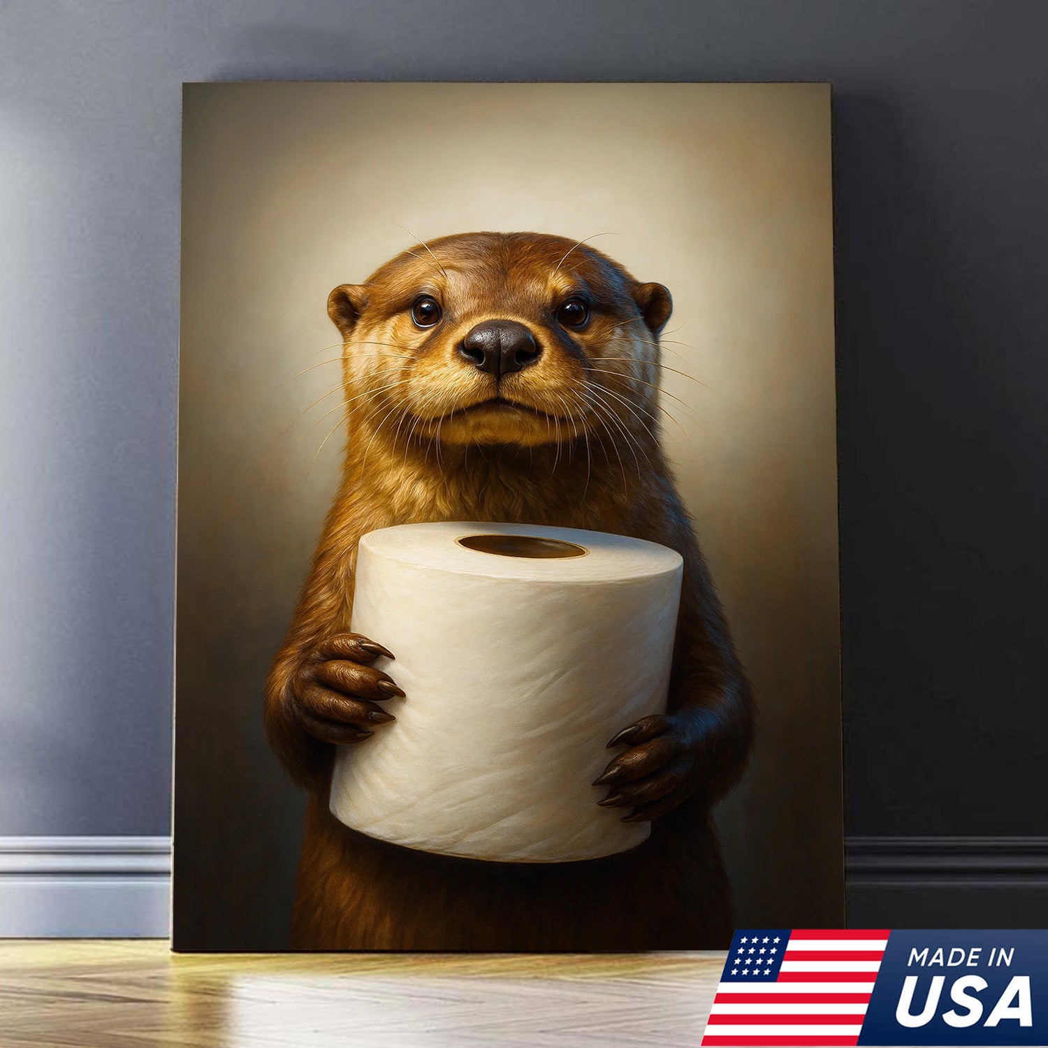 Funny Otter Canvas Wall Art - Cute Bathroom Decor with Toilet Paper - Rustic Wildlife Print
