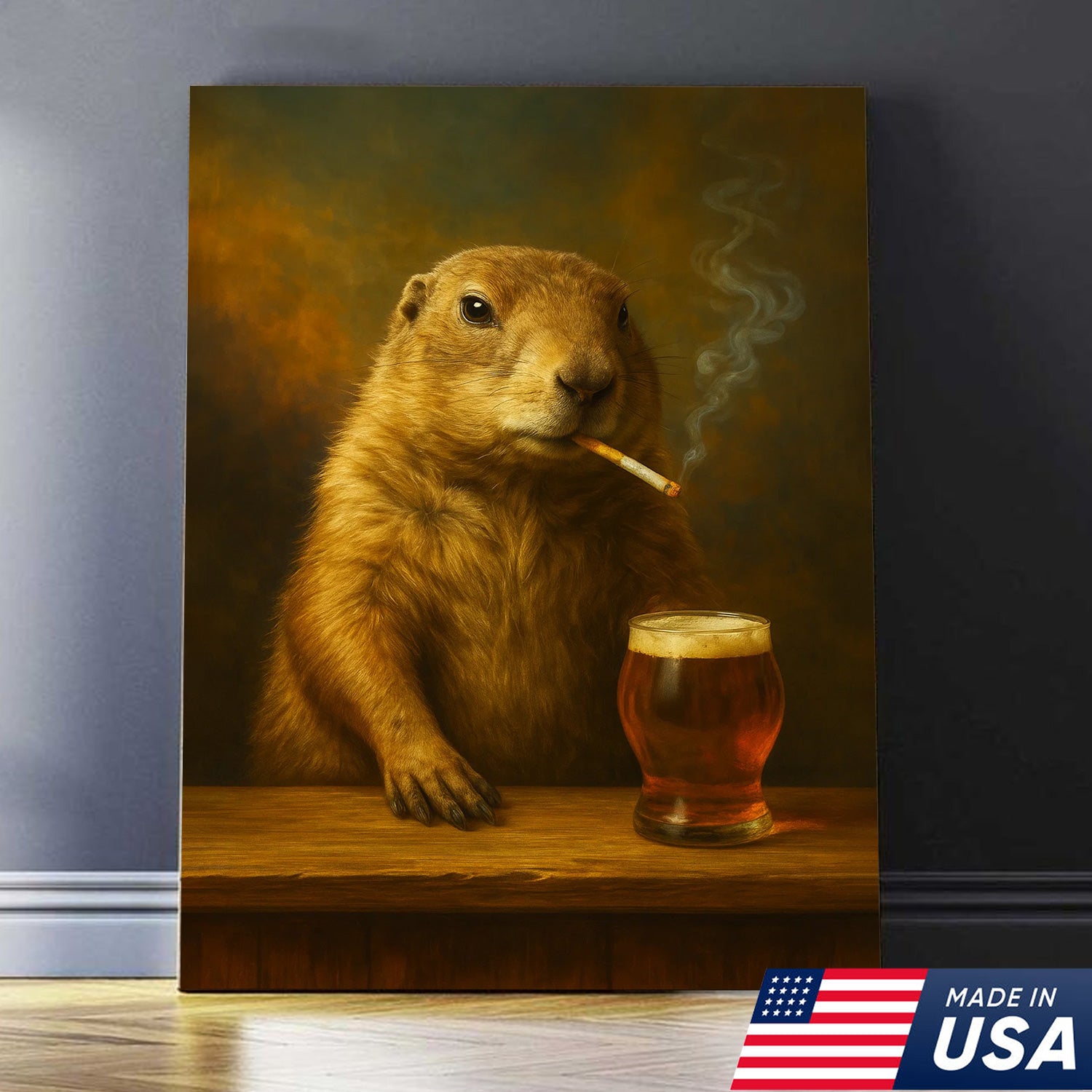 Rustic Prairie Dog Canvas Wall Art – Funny Wildlife Bar Scene with Beer – Hunting Cabin Lodge Decor
