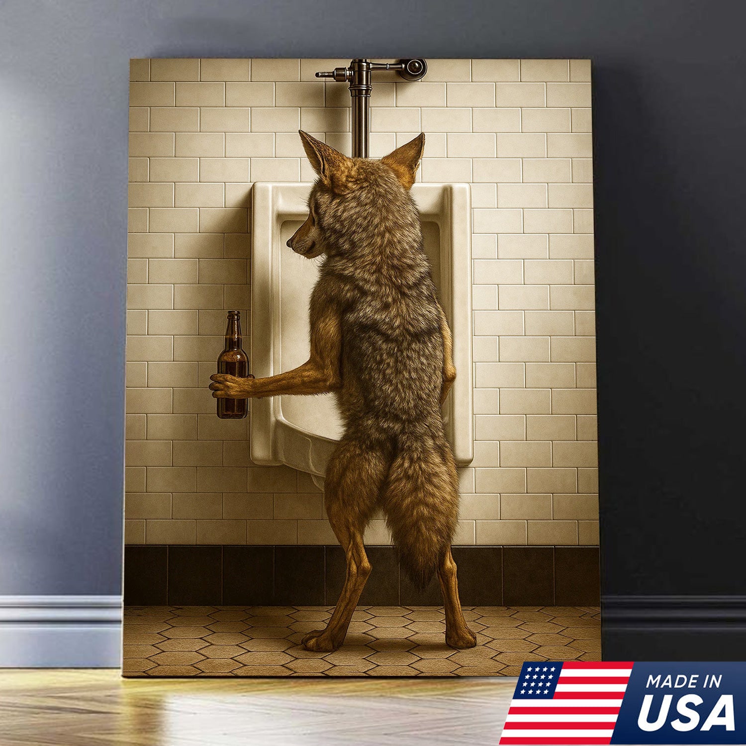Hilarious Coyote Canvas Wall Art – Funny Bathroom Humor Decor – Rustic Hunting Cabin Gag Gift – Quirky Lodge Animal Artwork