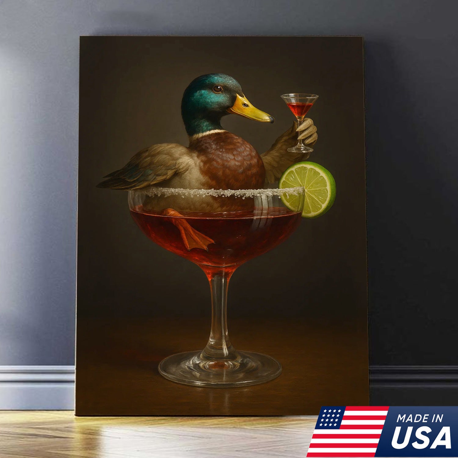 Funny Mallard Duck Canvas Wall Art - Quirky Animal in Cocktail Glass Design - Unique Wildlife Artwork for Home Decor