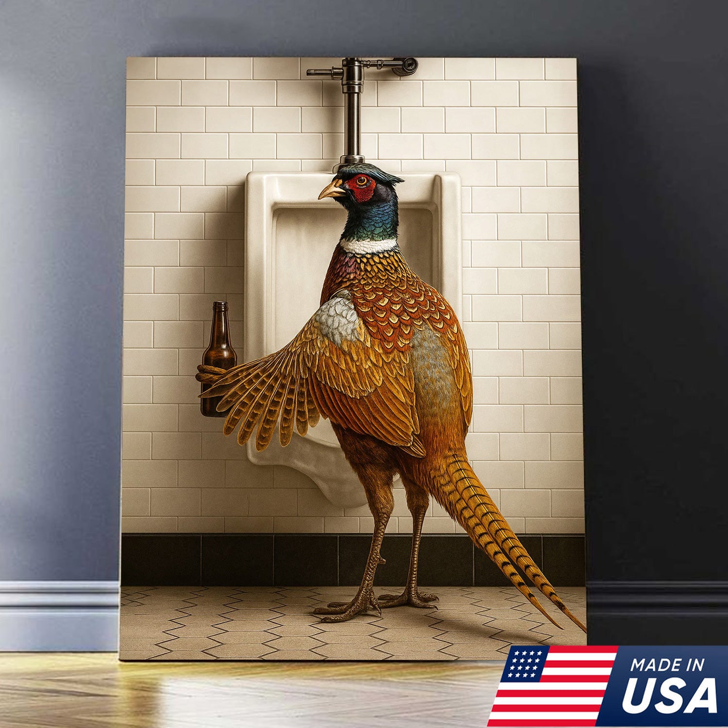 Funny Pheasant Canvas Wall Art – Hilarious Bathroom Humor Decor – Rustic Hunting Cabin Gag Gift – Quirky Lodge Animal Artwork