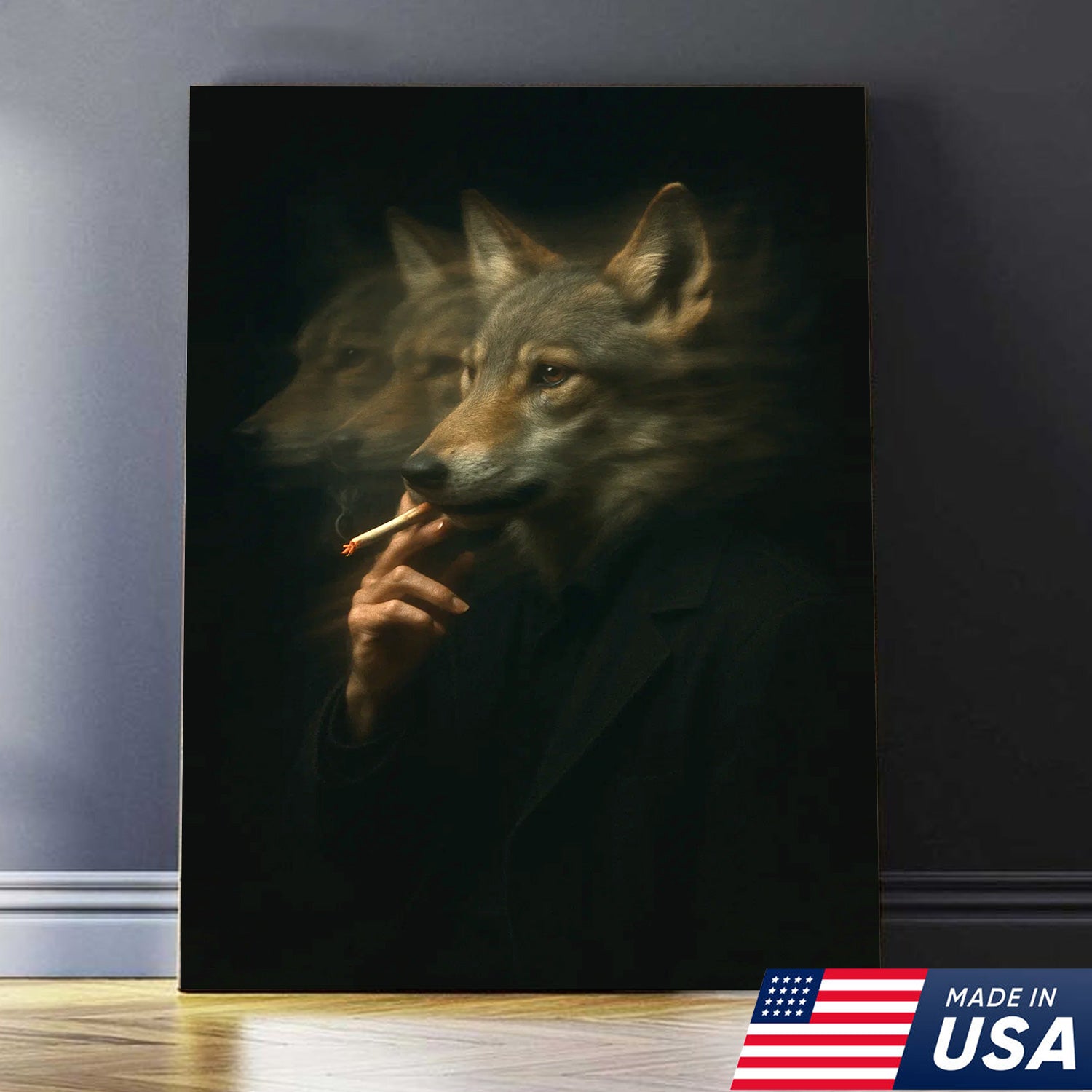 Mystical Wolf Coyote Canvas Wall Art - Mysterious Animal Portrait with Surreal Motion Effect - Unique Wildlife Artwork for Home Decor