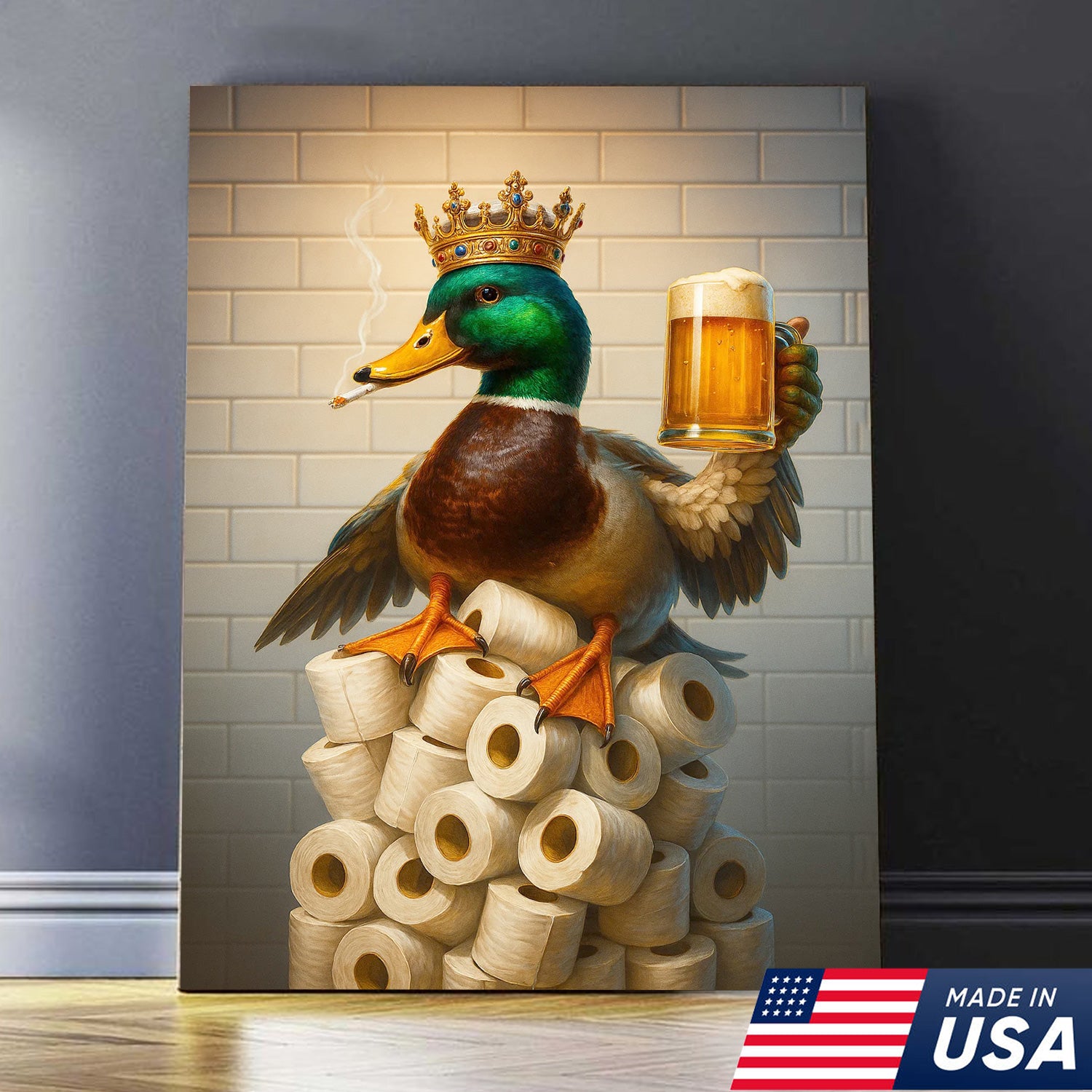 Royal Duck Canvas Wall Art - Funny Bathroom Decor with Crown and Beer - Rustic Wildlife Lodge Print