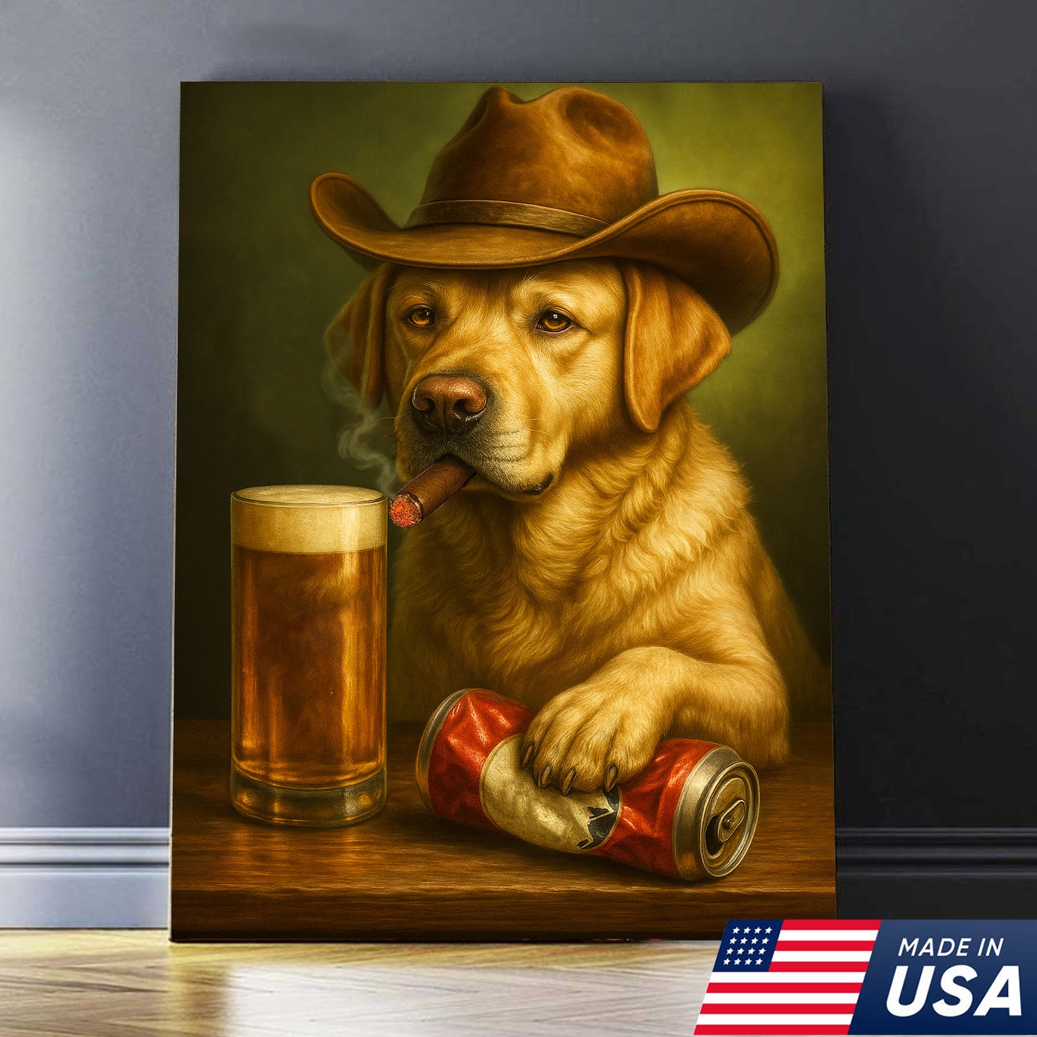 Funny Cowboy Dog Wall Art – Funny Beer & Smoking Canvas For Hunters, Bar & Man Cave Decor
