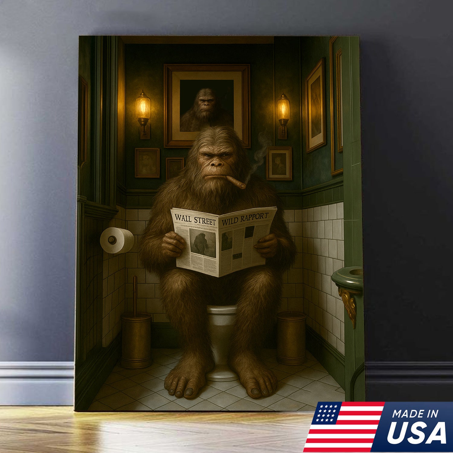 Funny Bigfoot Bathroom Wall Art – Rustic Hunting Cabin Toilet Humor Canvas Decor