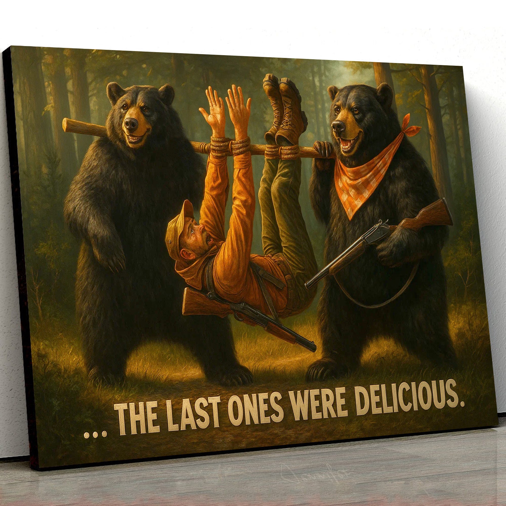Funny Bear Hunting Canvas Wall Art - Hilarious Wilderness Scene with Hunter - Rustic Cabin and Lodge Decor
