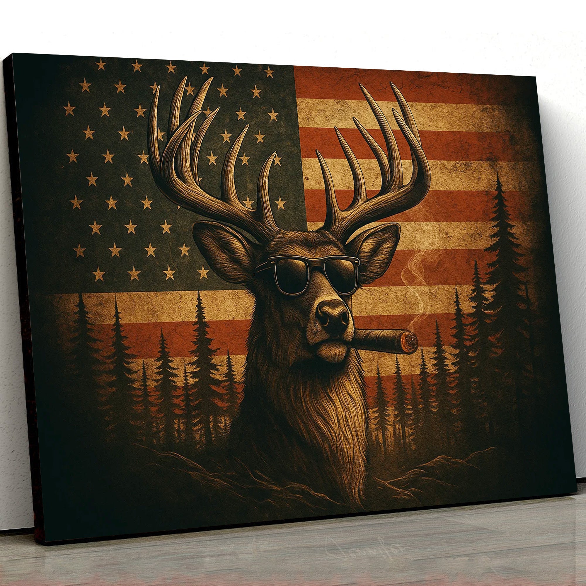 Deer Canvas Wall Art – Cool Buck with Sunglasses and USA Flag Rustic Hunting Lodge Decor