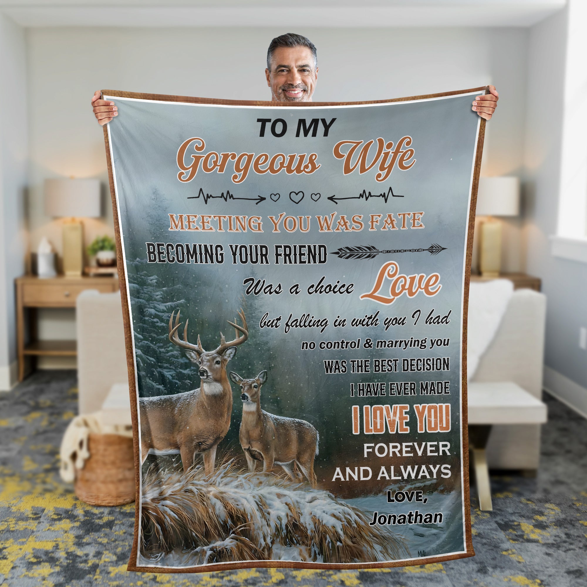 Personalized Meeting You Was Fate Fleece Blanket– Custom Deer Couple Blanket, Heartfelt Wife Gift