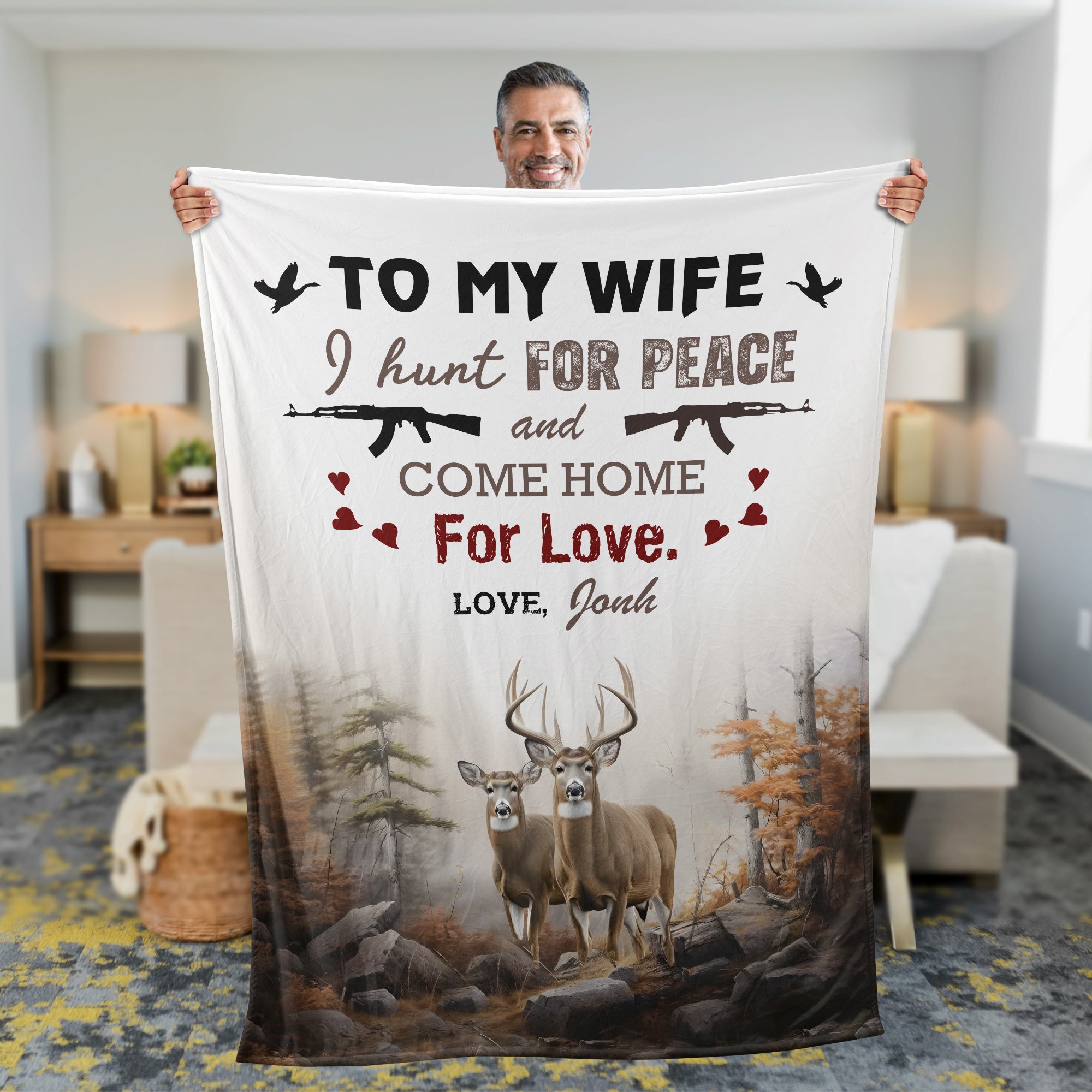 Personalized Deer Hunting “To My Wife, I Hunt for Peace and Come Home for Love” Fleece Blanket
