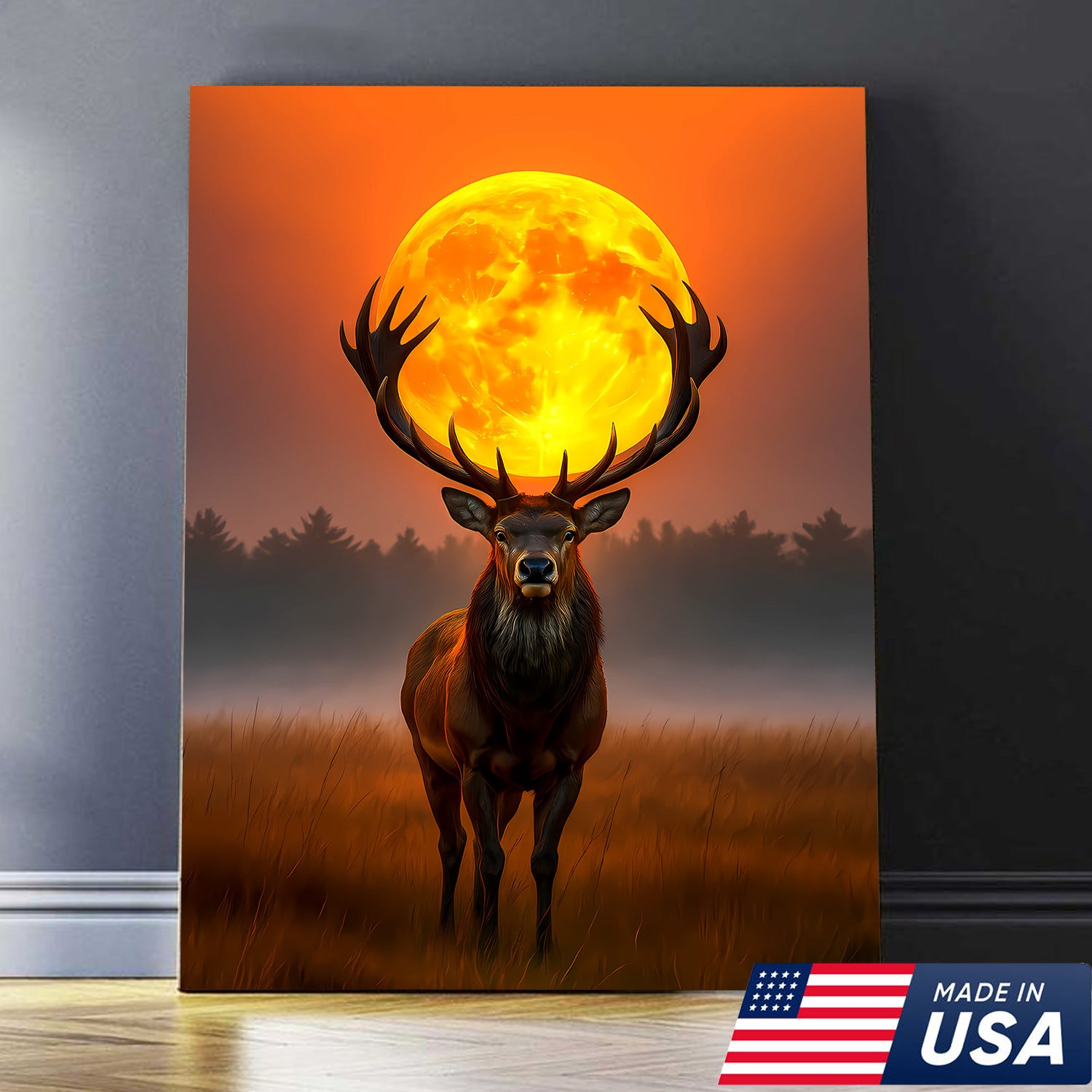 Majestic Elk Full Moon Canvas Wall Art – Hunting Cabin Decor Gift for Hunters