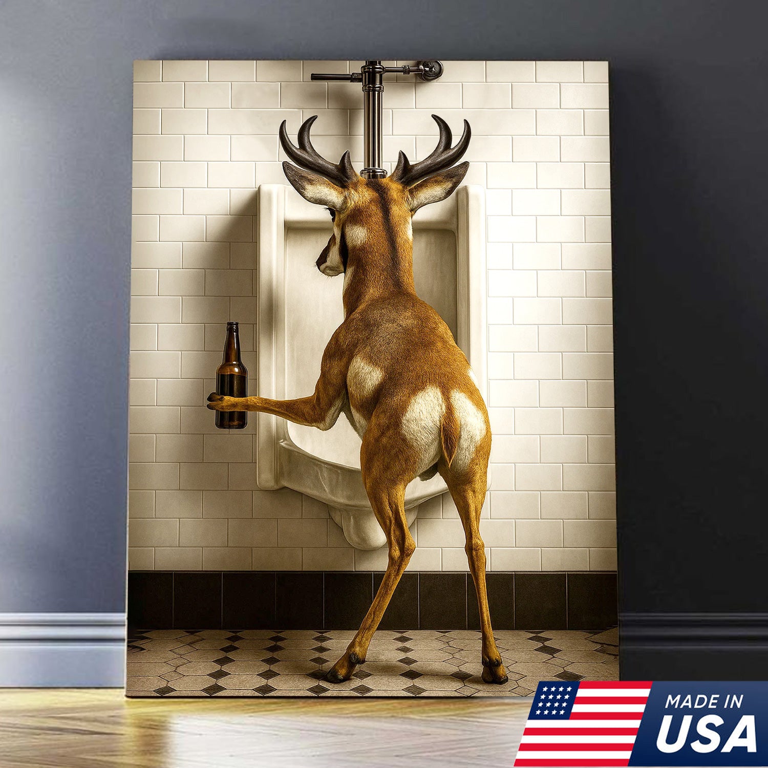 Funny Pronghorn Canvas Wall Art - Rustic Bathroom Lodge Decor for Hunters - Unique Wildlife Cabin Print