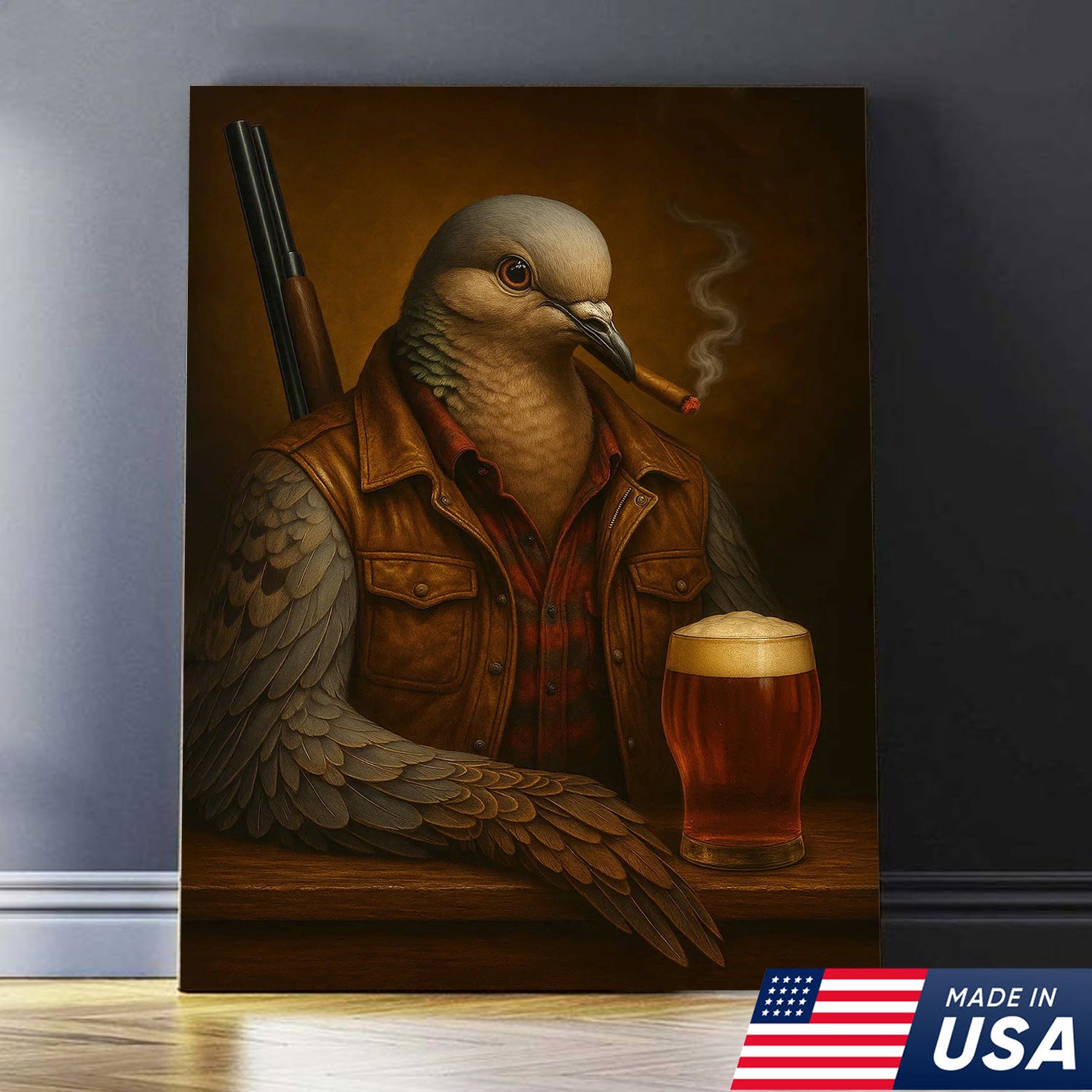 Mourning Dove Canvas Wall Art – Surreal Hunter Portrait with Beer Glass, Rustic Lodge Decor