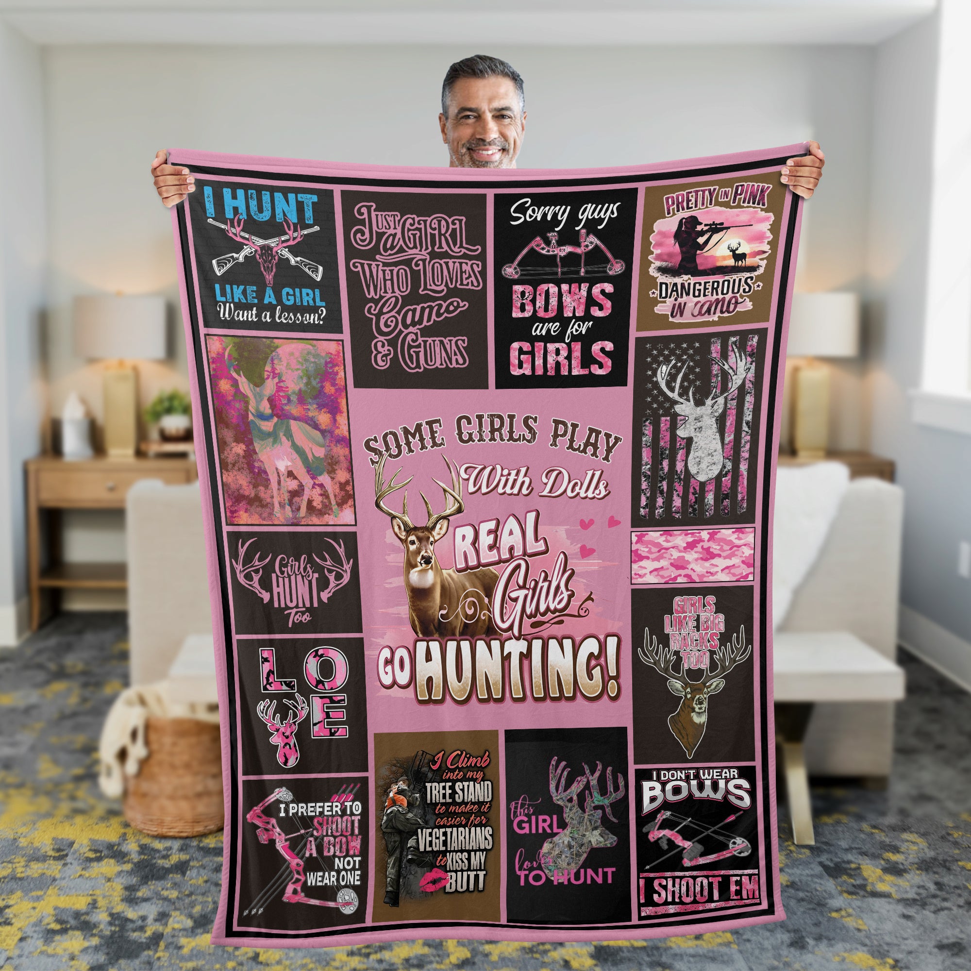 Real Girls Go Hunting Fleece Blanket – Pink Deer Hunting Gift for Women