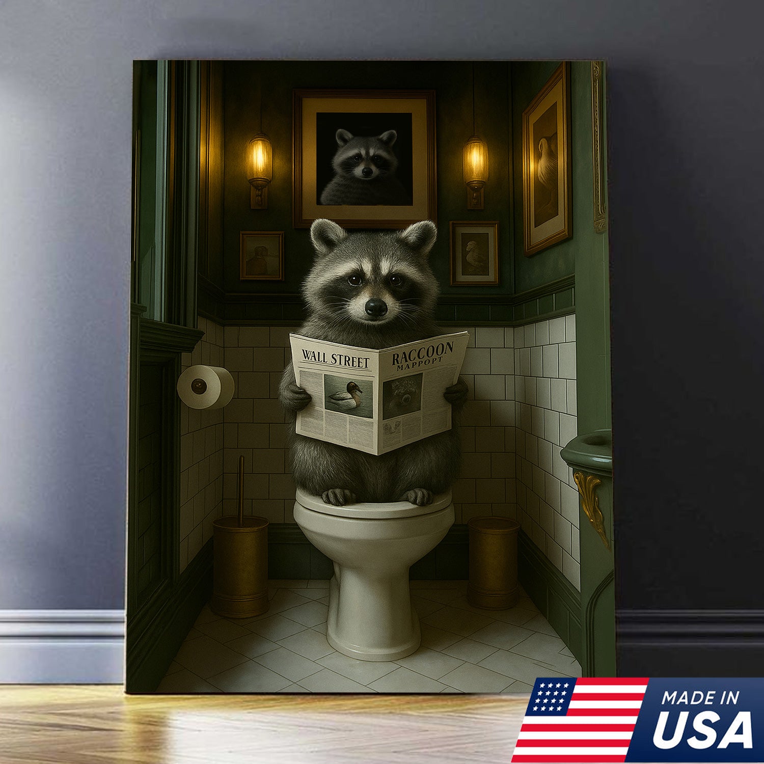 Funny Raccoon Bathroom Wall Art – Rustic Toilet Humor Cabin Canvas Decor, Gifts for Outdoorman