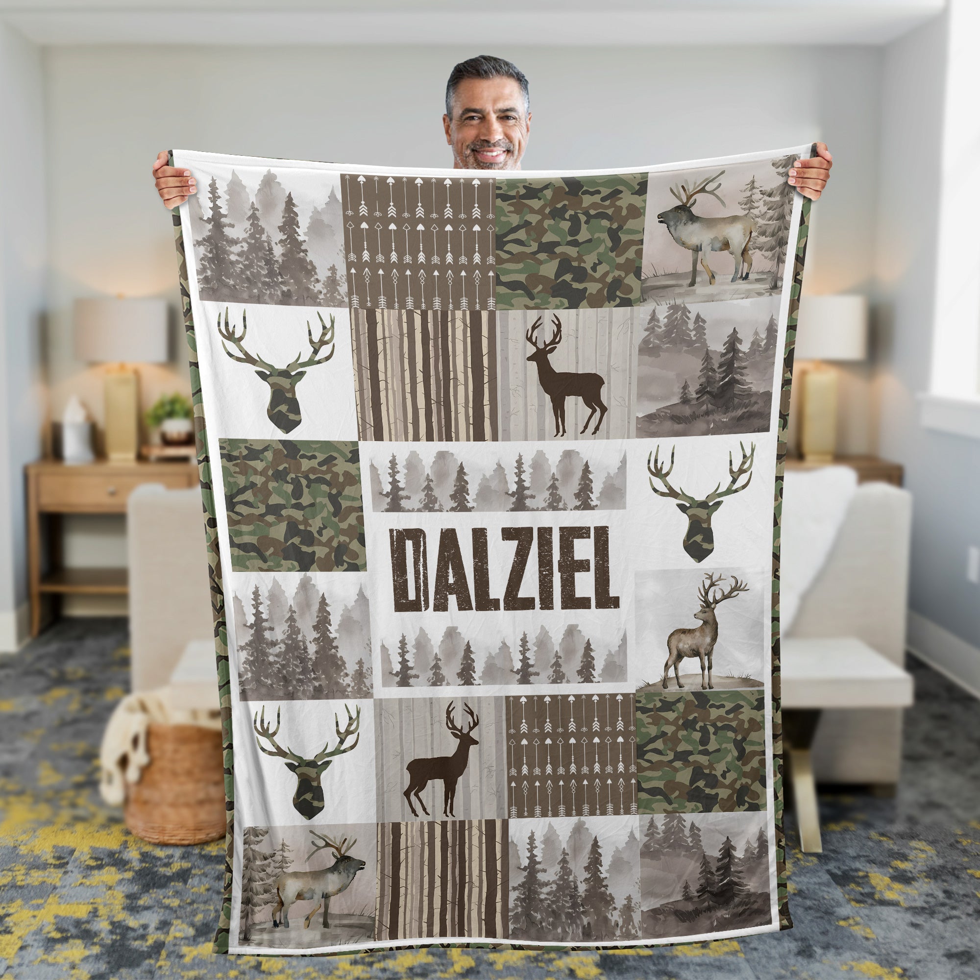 Personalized Rustic Camo Deer Blanket – Camo & Forest Patchwork Cabin Decor