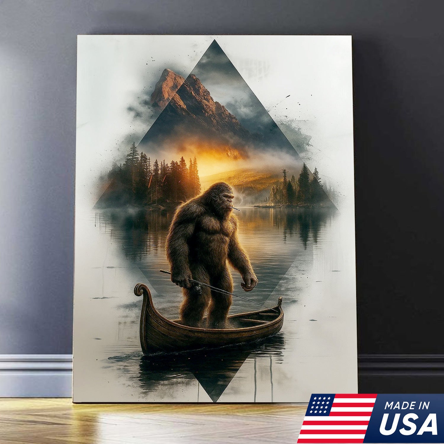 Bigfoot Fishing On Wooden Boat Adventure Canvas Wall Art – Mysterious Forest Lake Decor – Rustic Cabin & Lodge Artwork