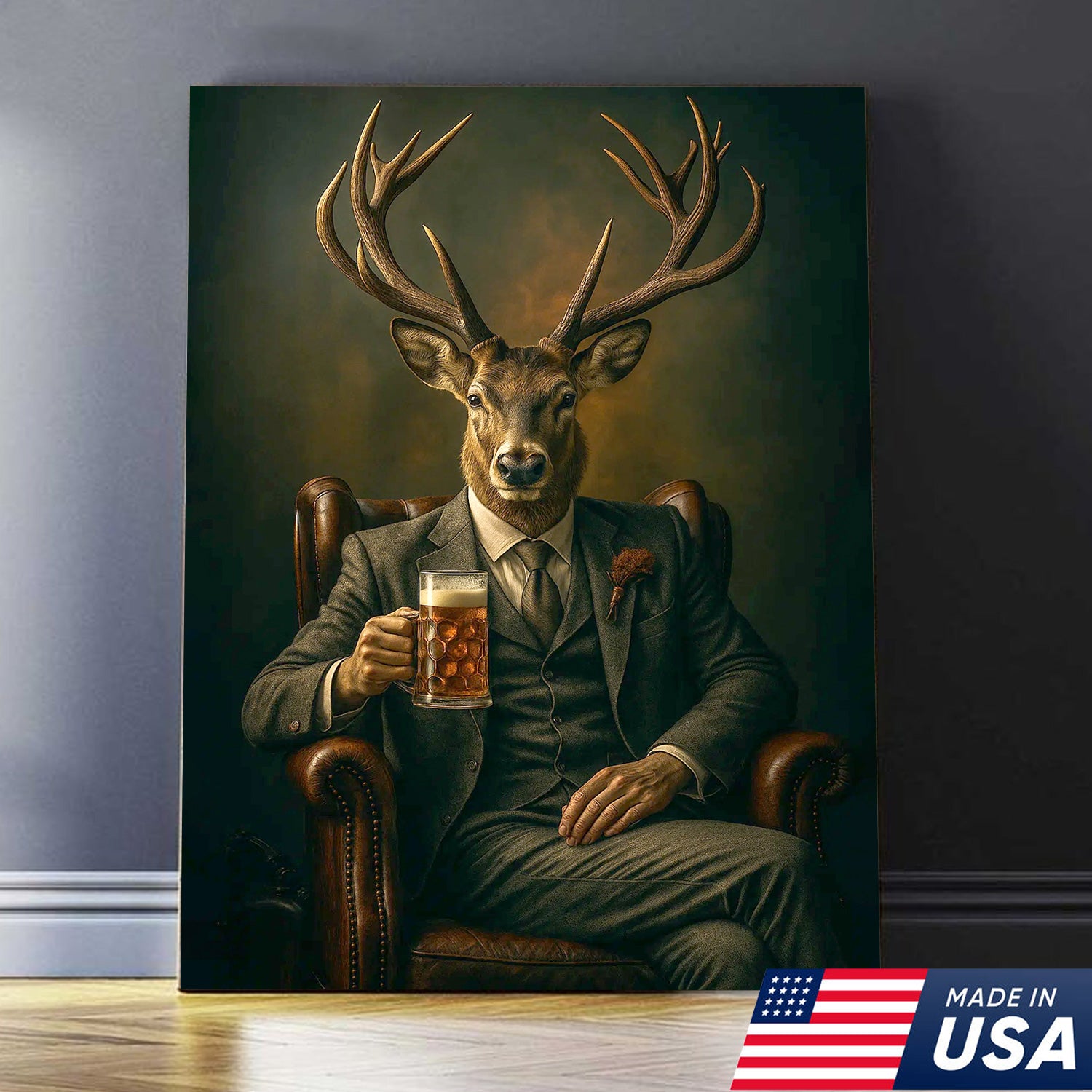 Deer Canvas Wall Art – Sophisticated Buck in Suit Holding Beer Rustic Lodge Decor for Hunters