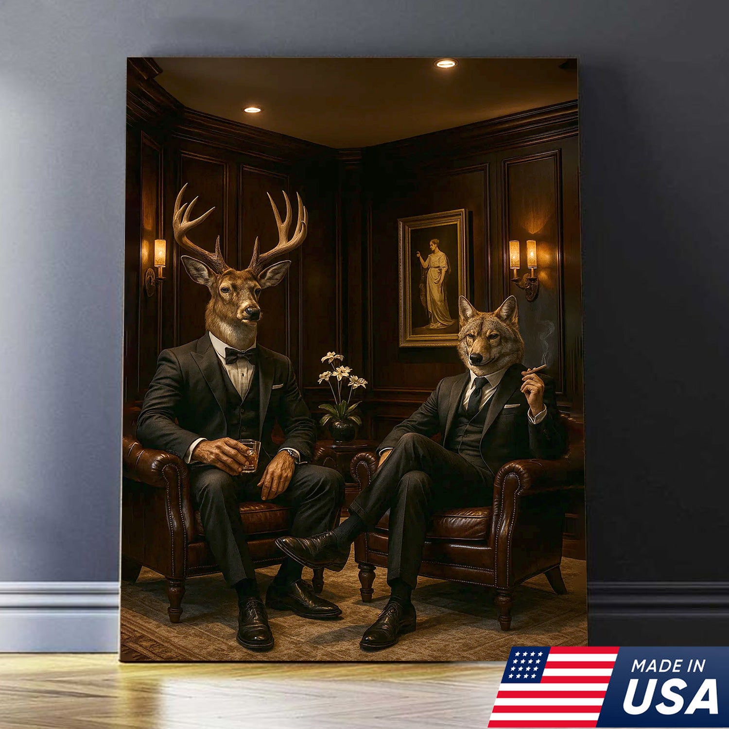 Elegant Deer and Wolf Canvas Wall Art - Sophisticated Animal Portrait in Suits, Luxury Rustic Decor for Living Room & Office