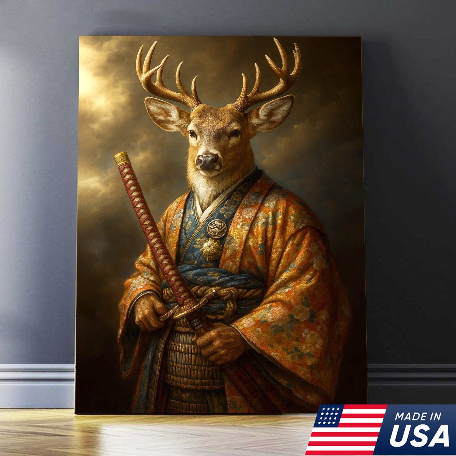 Deer Canvas Wall Art – Majestic Samurai Buck with Katana Warrior Rustic Lodge Decor