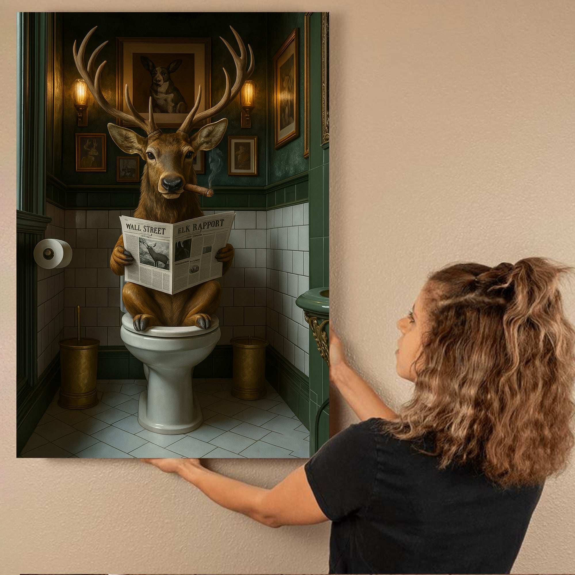 Funny Deer on Toilet Canvas Art – Stylish Animal Wall Art with Smoking and Wall Street Newspaper – Unique Bathroom Decor
