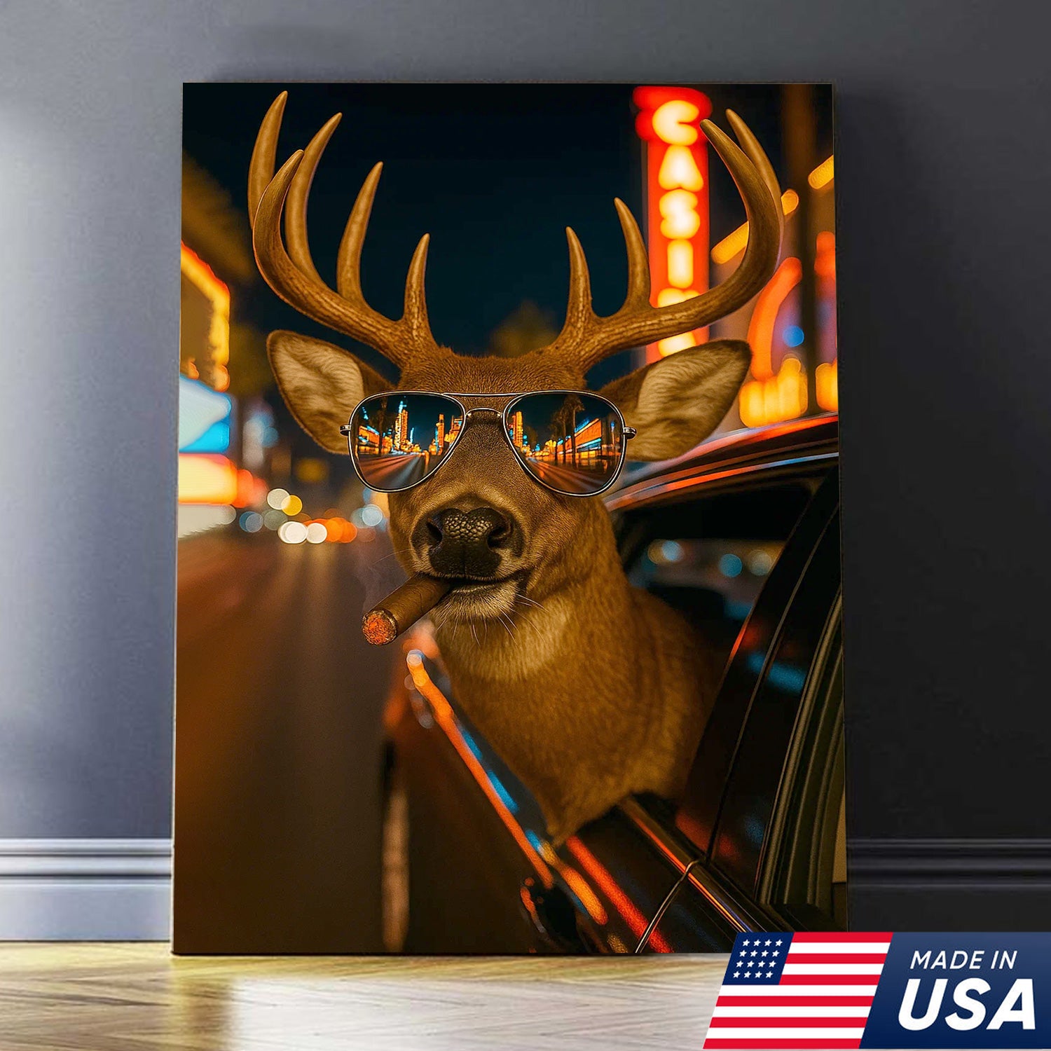 Cool Deer Canvas Wall Art - Funny Rustic Lodge Decor with Sunglasses and Night City Vibes - Unique Wildlife Cabin Print