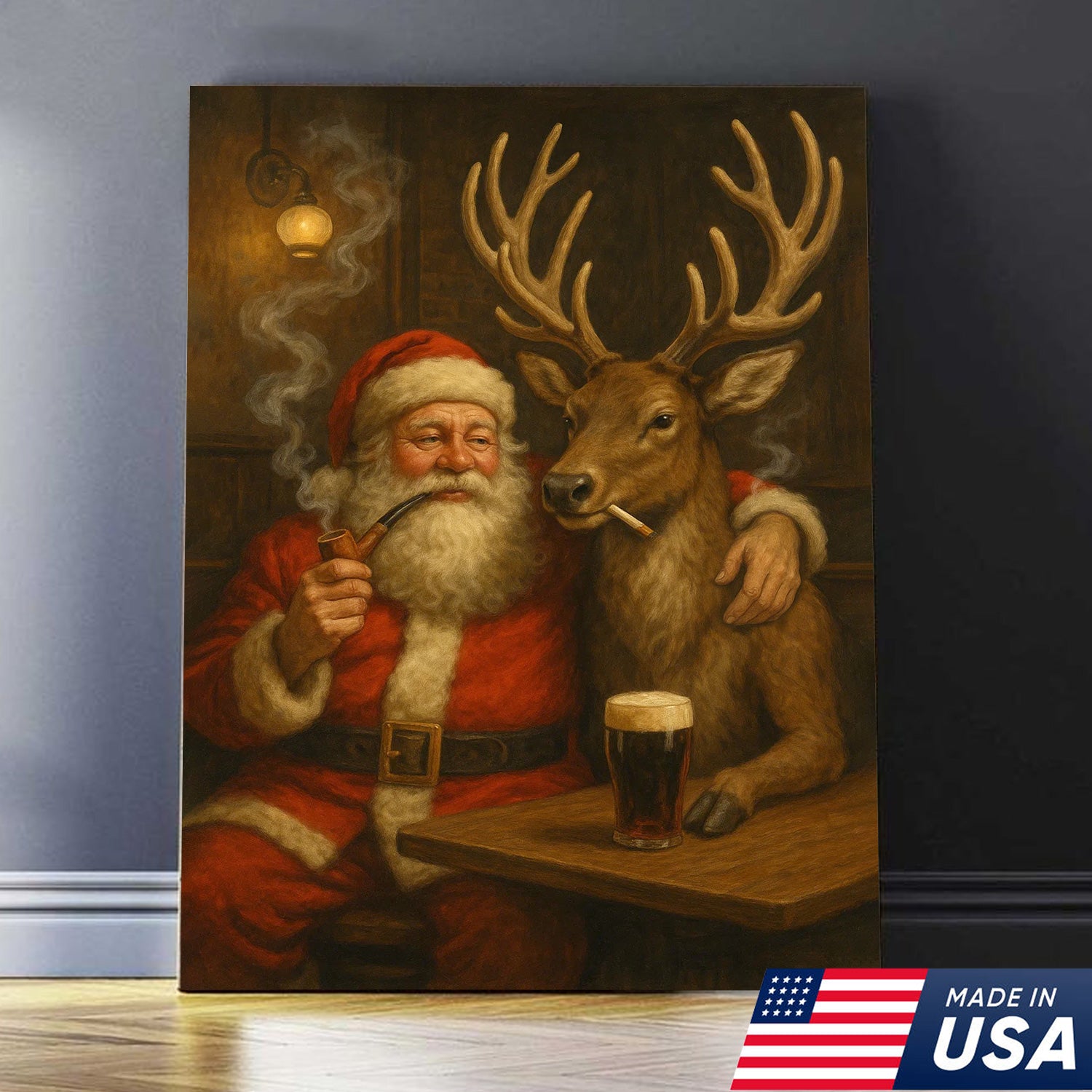 Funny Santa and Reindeer Wall Art Canvas – Rustic Christmas Lodge Decor – Holiday Deer Hunting Theme