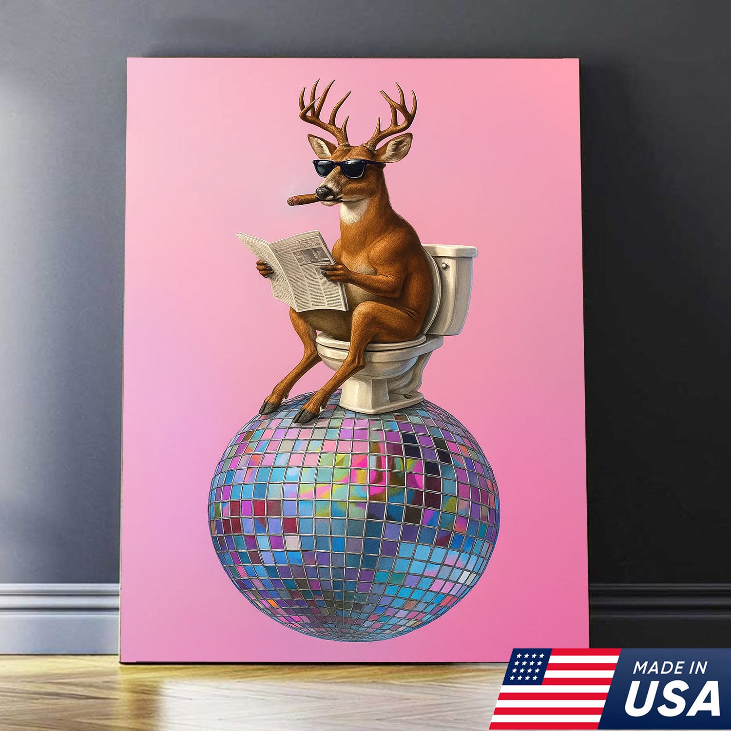 Deer Canvas Wall Art – Funny Buck Reading Newspaper on Toilet with Disco Ball Unique Bathroom Decor