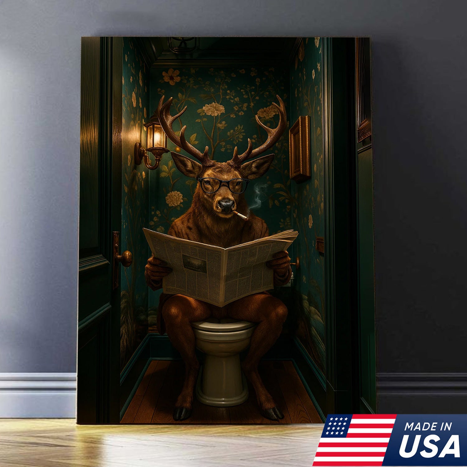 Funny Whitetail Buck Bathroom Canvas – Deer with Glasses Reading Newspaper on Toilet – Quirky Powder Room Wall Art