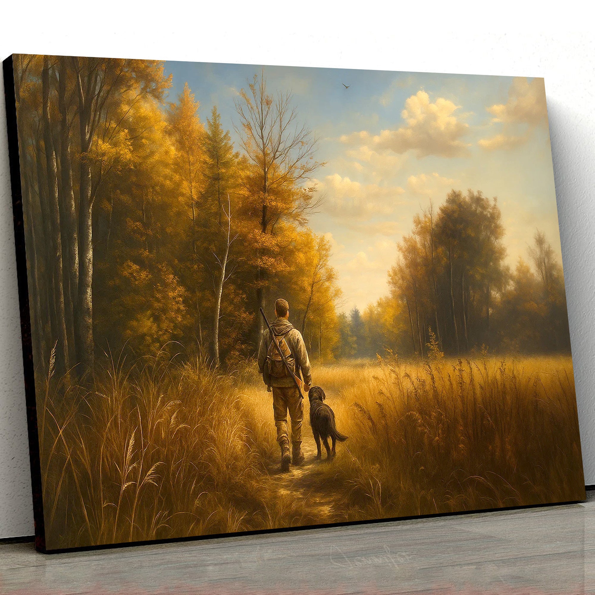 Hunting Canvas Wall Art – Hunter Walking with Dog in Autumn Forest – Rustic Wildlife Wall Decor for Cabin and Lodge