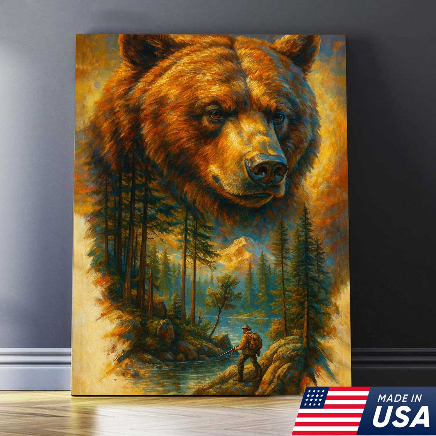 Epic Bear Canvas Wall Art – Wilderness Mountain Adventure Scene, Bold Nature Decor