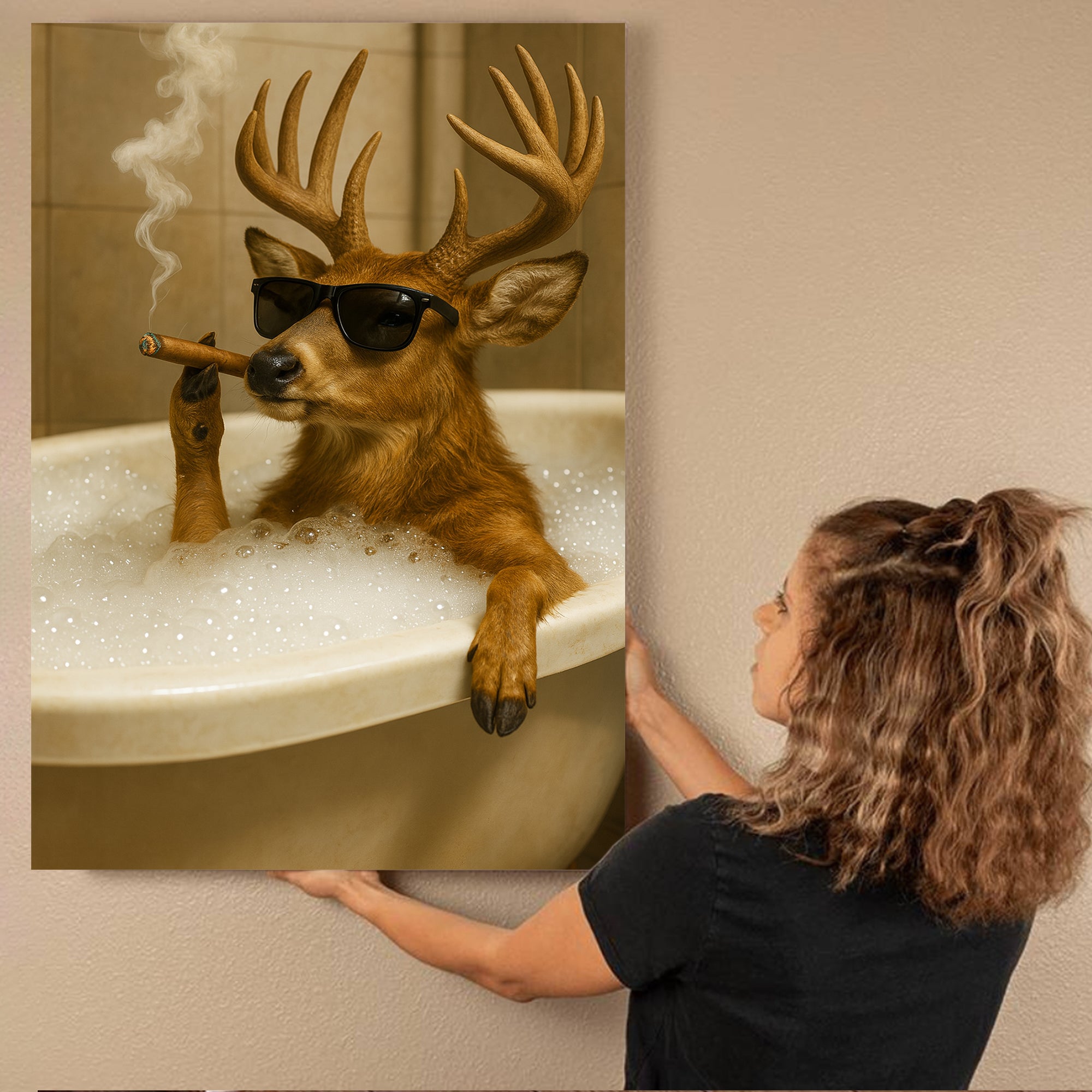 Funny Deer in Bathtub Canvas – Retro Animal Art Print with SunGlasses and Smoking for Unique Wall Decor